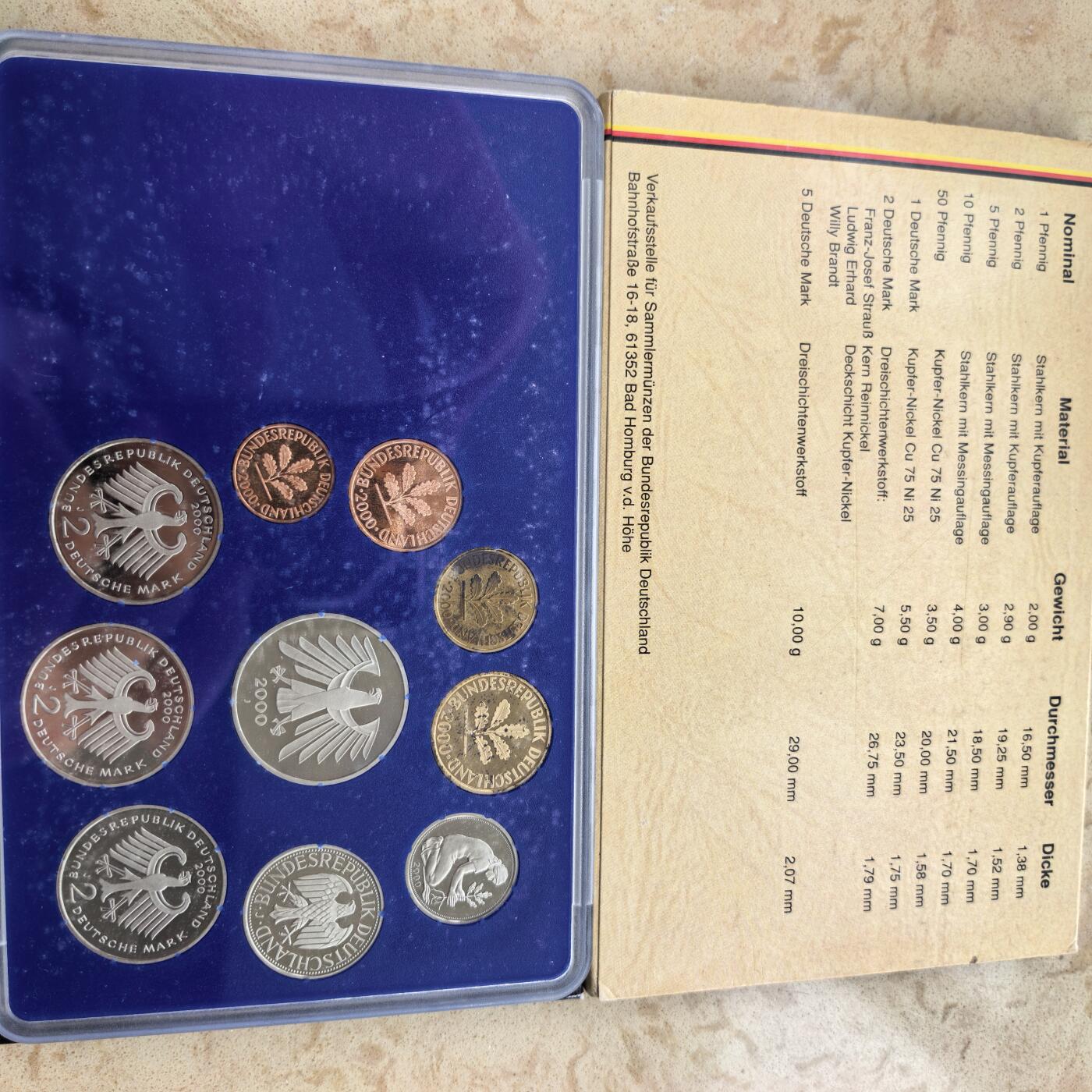 道一币馆币章第一百七十四场 原包装 德国2000年精制套币全套十枚-J标汉堡造币厂