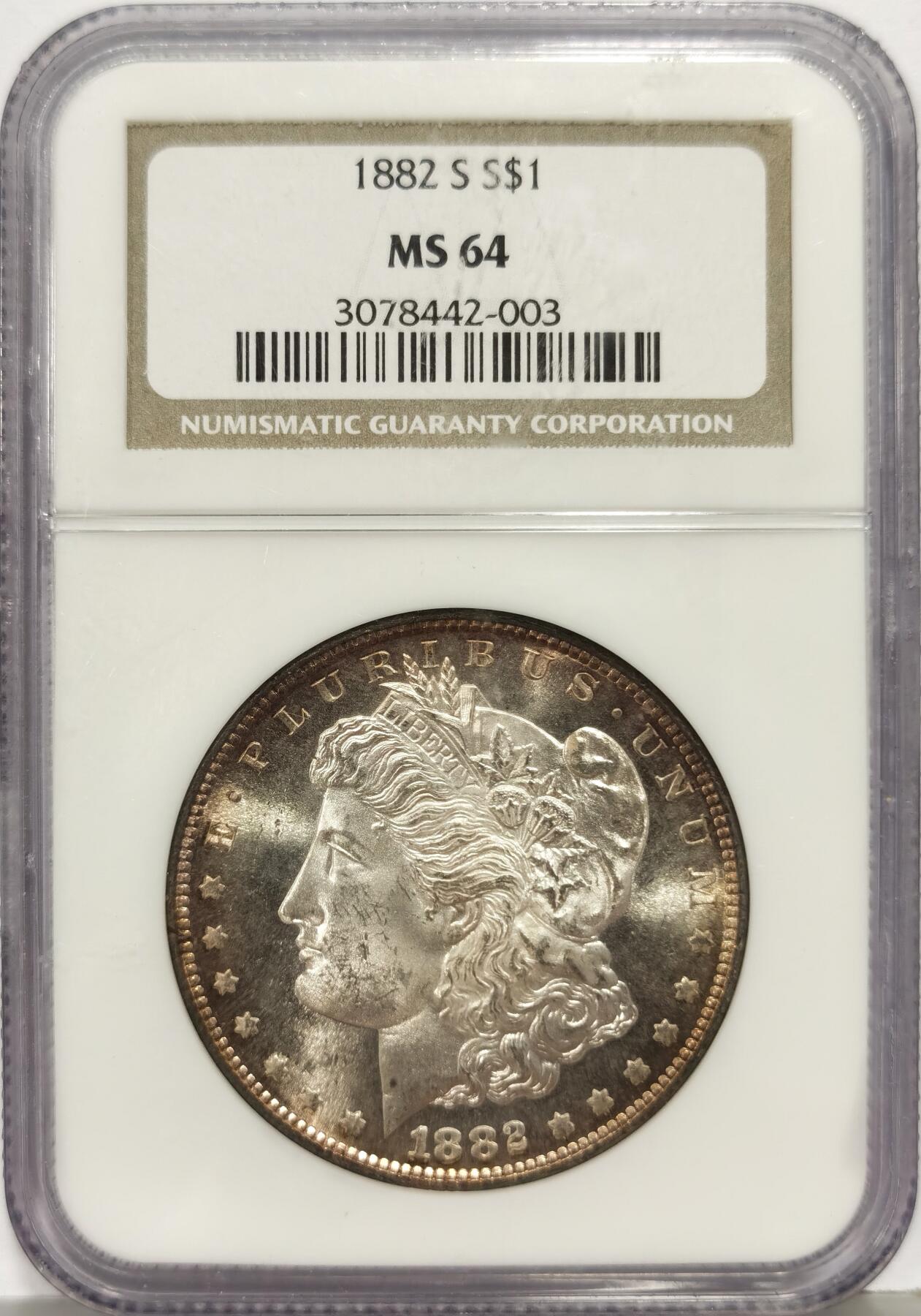 博洋堂世界钱币拍卖第168期（全场包邮） NGC MS64 美国1882年S版摩根银币，老盒严评，环彩