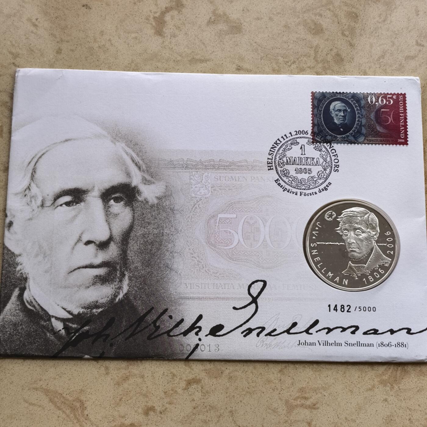 道一币馆币章第一百七十四场 邮币封 芬兰2006年作家约翰·斯内尔曼诞辰200周年10欧元精制银币 27.4g 925s