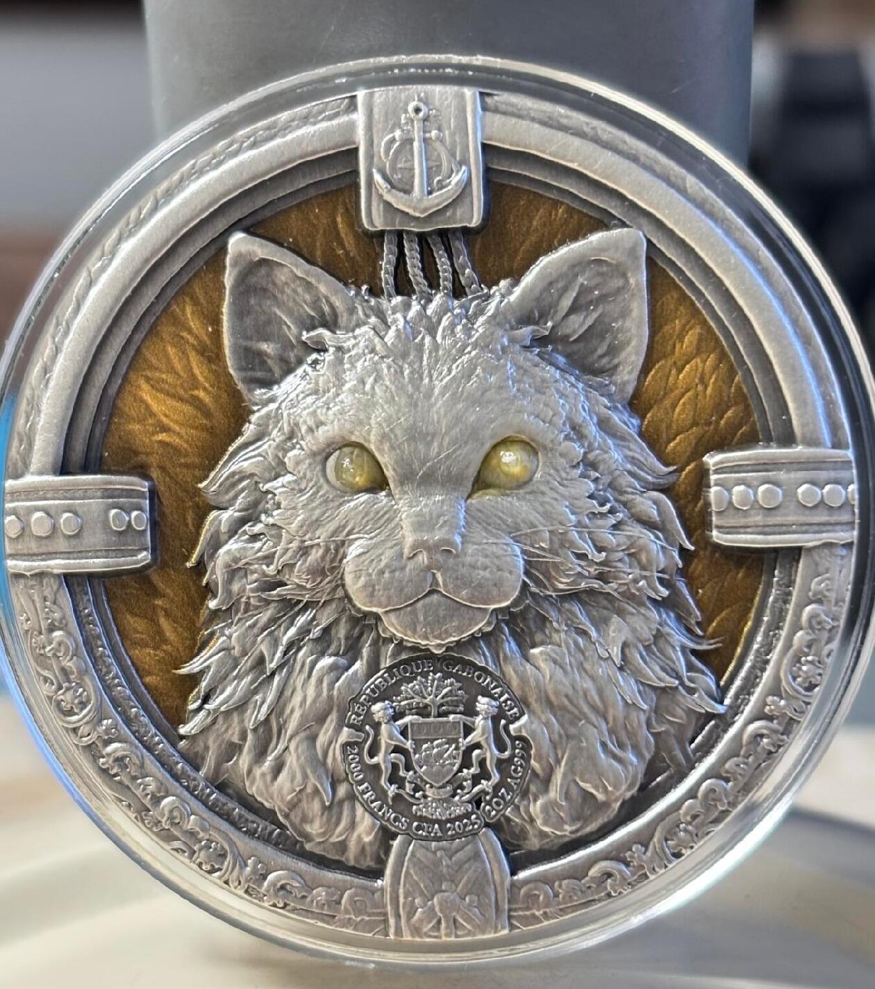 昊象达收藏银币拍卖第9场 加蓬2025年The Ship's Cat猫银币，999银，2盎司，50mm，古钱币色，带原装盒子和证书，保存很新，包装齐全