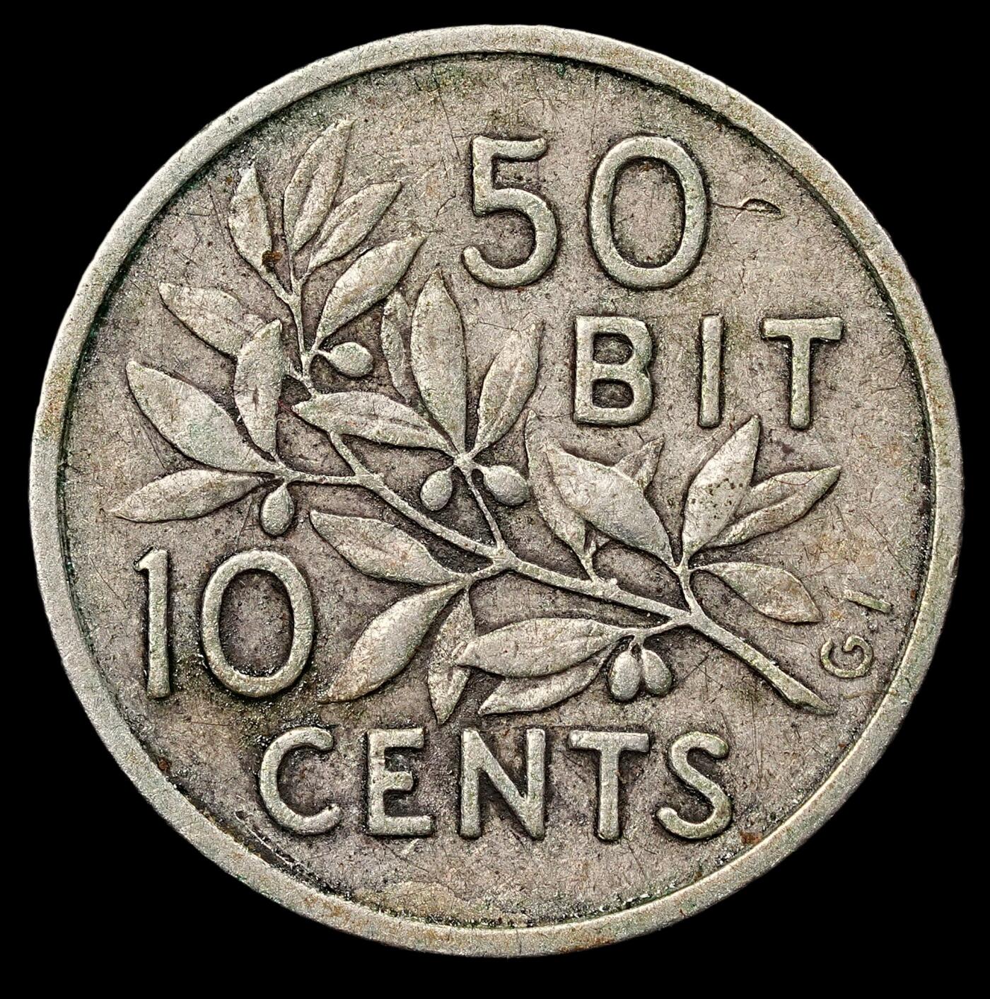 修遠堂世界钱币第111期 1905 年丹属西印度群岛 50 比特 / 10 分银币 ，2.41g