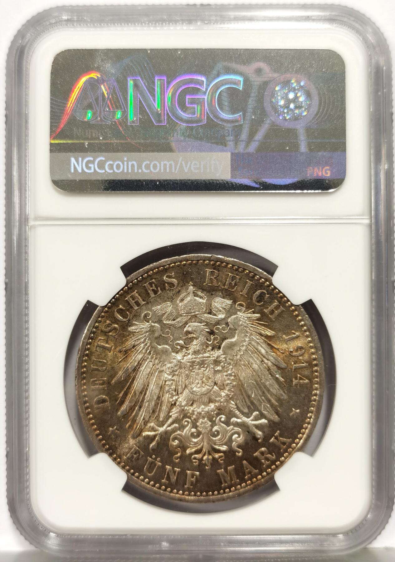 博洋堂世界钱币拍卖第168期（全场包邮） NGC AU58 德国普鲁士王国1914年威廉二世戎装像5马克银币，原汁原味老包浆，包浆醇厚浓郁，转光强烈细节优秀，味道币味道足，五彩包浆锋力感十足，低估，状态和品质绝对不输MS级。