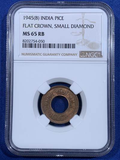 《竞宝斋》第479场 周日，周一 2场连拍 （全场包邮）20级店铺 欢迎送拍 - NGC MS65RB 1945b 印度1派沙铜币 经典中孔设计 打制清晰 细节非常好