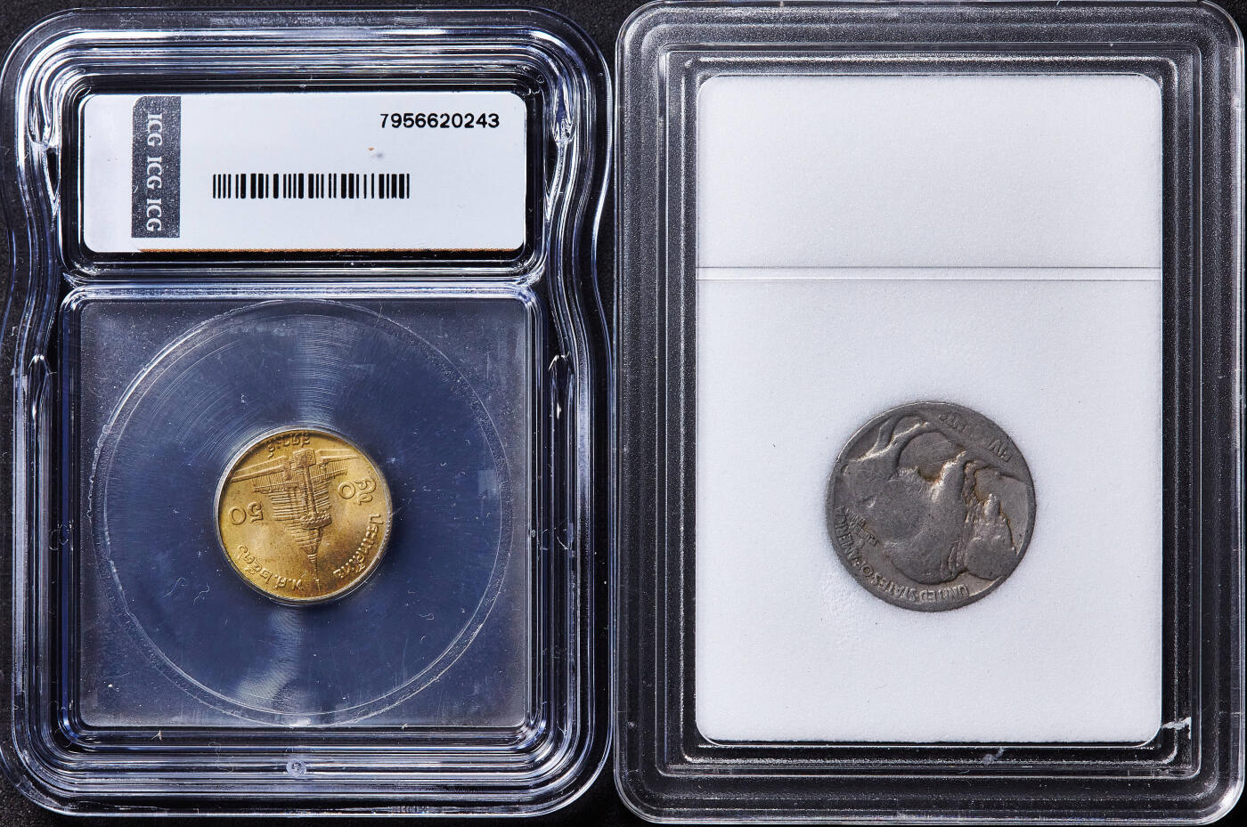 【俄甄集藏】满园春色-2026年(051)04-22星期三 晚 19:30 全场包邮 美国1913-1938年印第安人-水牛5分镍币、泰国2003年50萨当铜币两枚一组，INB/ICG Genuine