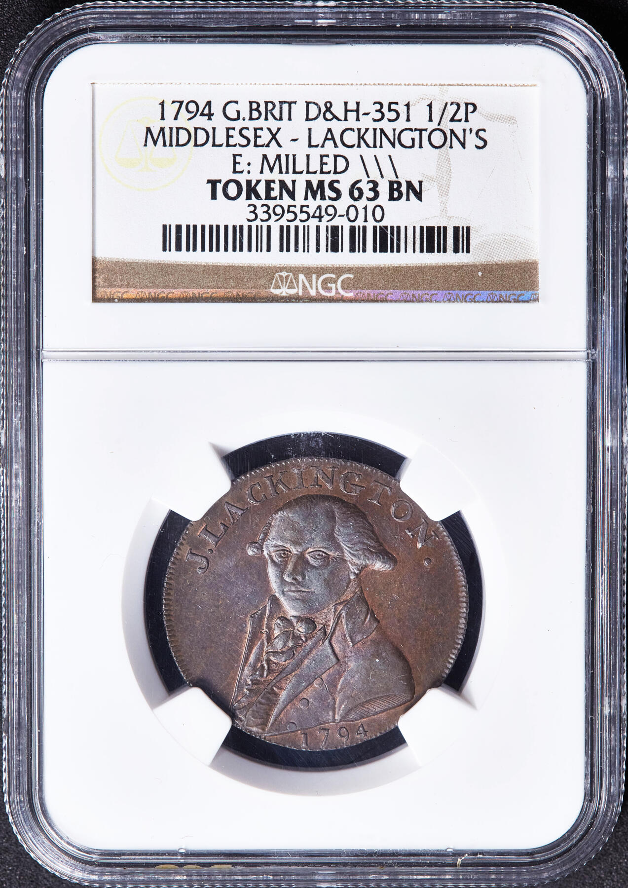 【俄甄集藏】满园春色-2026年(051)04-22星期三 晚 19:30 全场包邮 英国1794年米德尔塞克思郡传奇书商詹姆斯·拉金盾头像1/2便士名誉女神墨菲商业代用铜币，NGC MS63，巧克力包浆，原光品相，稀少品种