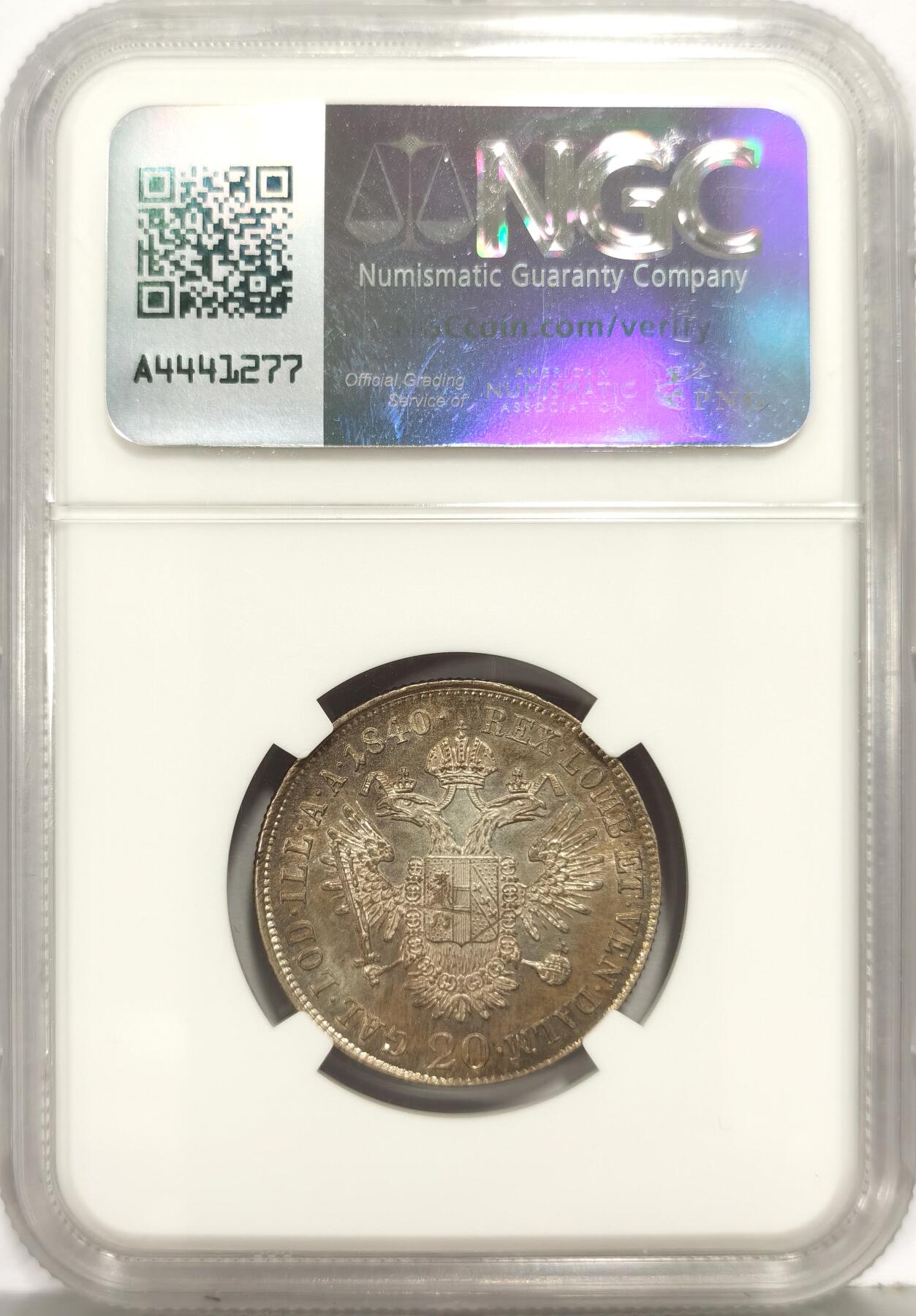 博洋堂世界钱币拍卖第168期（全场包邮） NGC UNC 奥匈帝国1840年20克鲁泽银币 转光+五彩