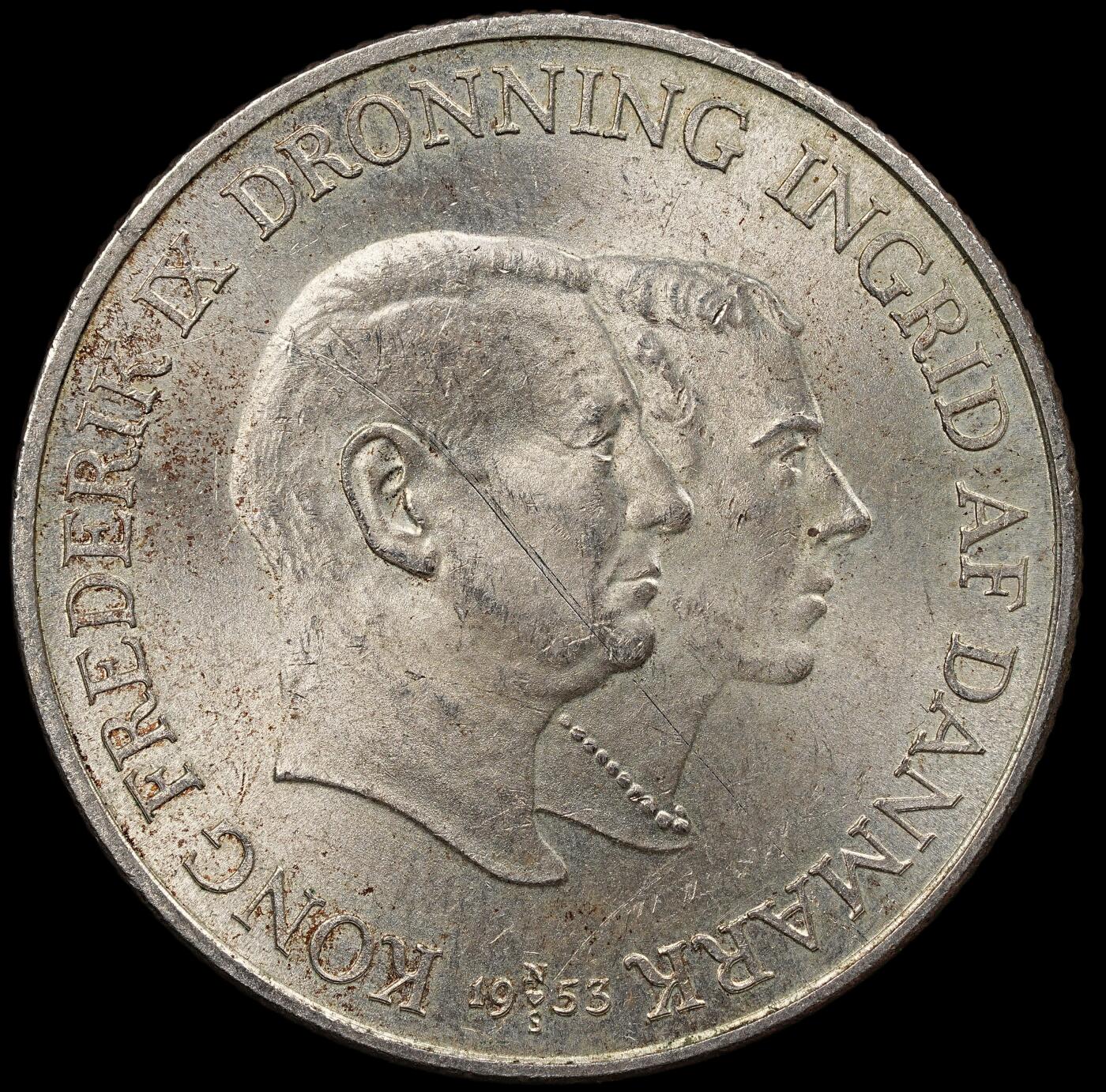 修遠堂世界钱币第111期 1953年丹麦格林兰结核防治纪念2克朗银币 15g，含银80%