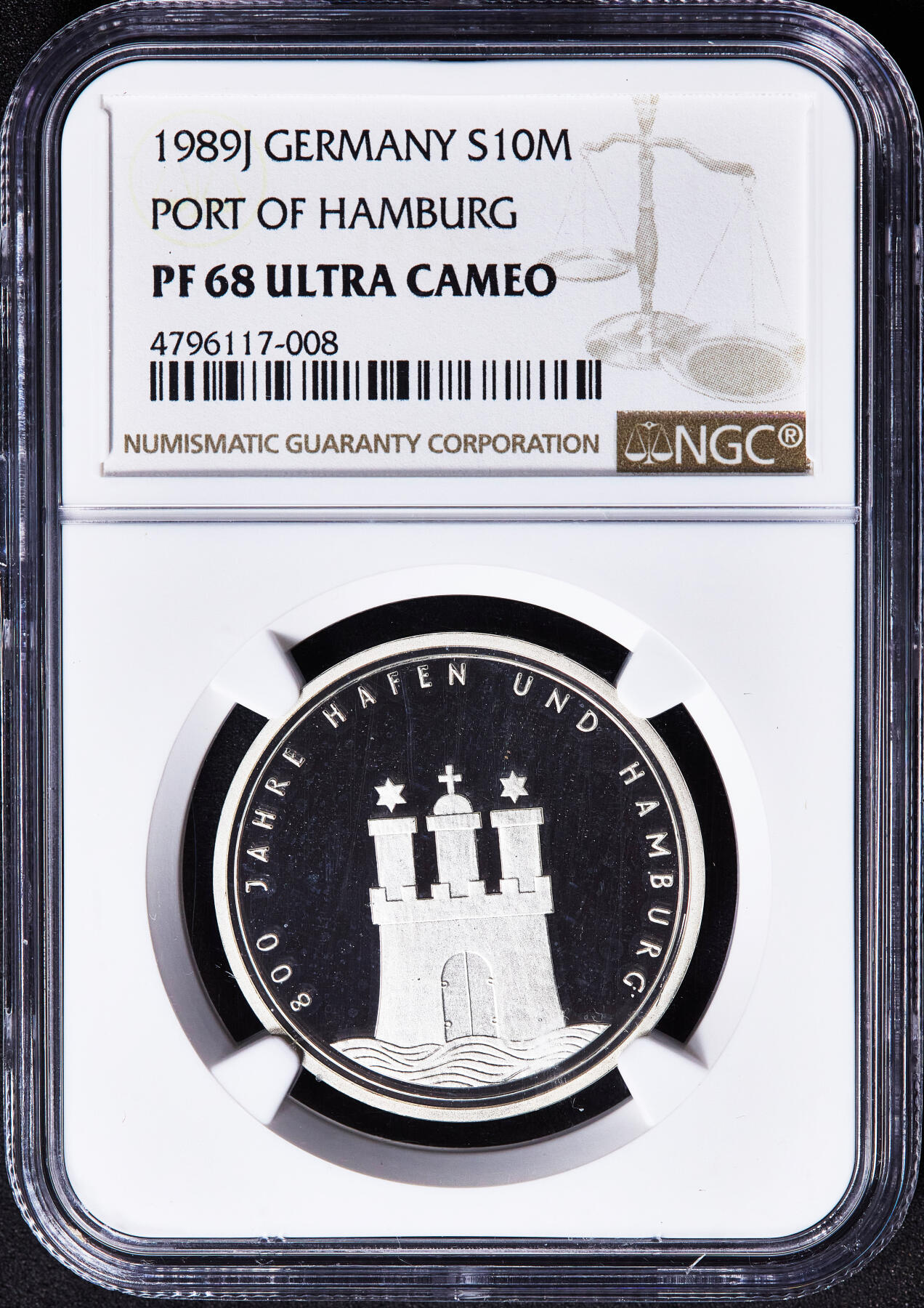 【俄甄集藏】满园春色-2026年(051)04-22星期三 晚 19:30 全场包邮 德国1989年J版纪念汉堡港建成800周年10马克精制银币，NCG PF68UC，重15.5克，625银，发行量35000枚