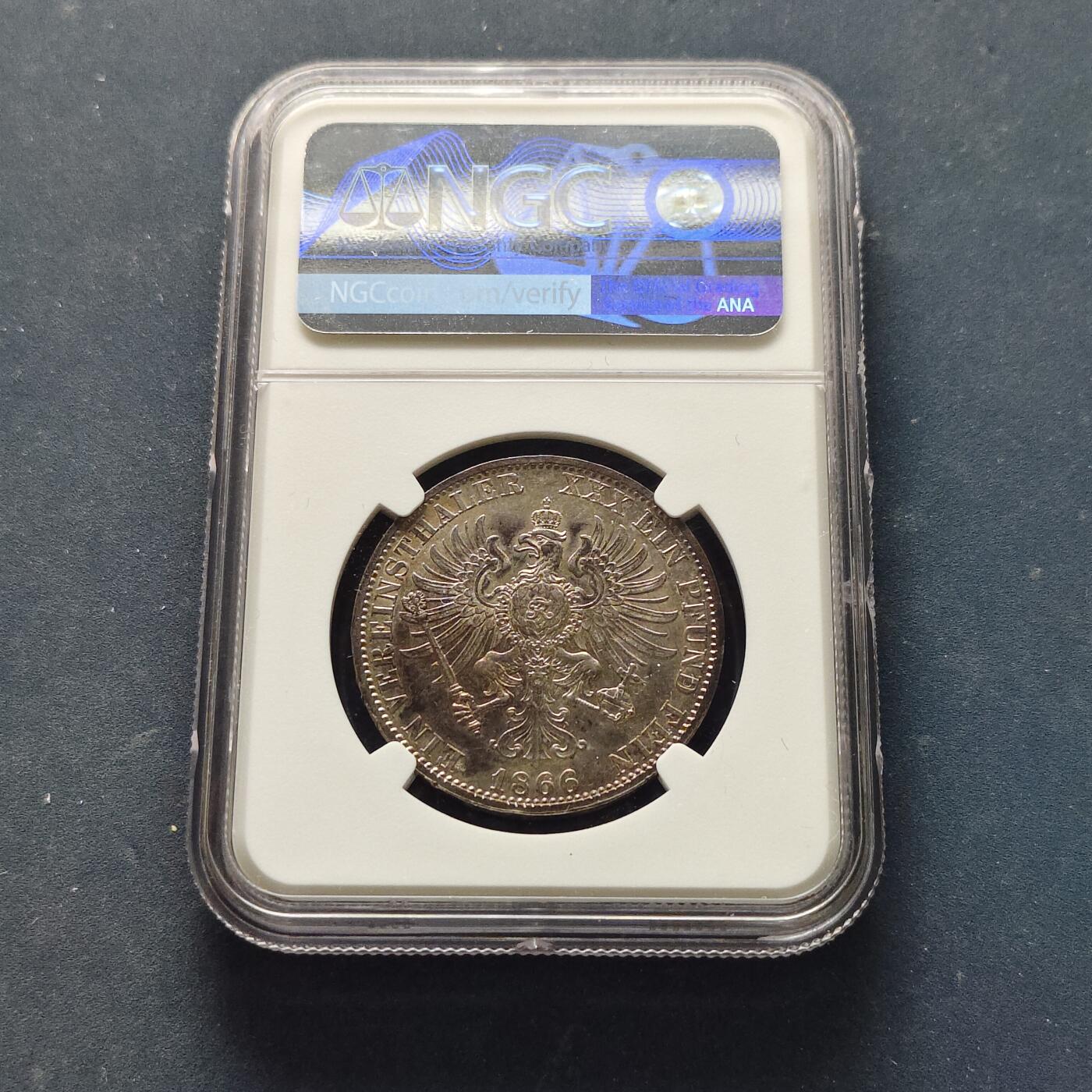 【全场包邮】纯粹捡漏拍521场 德国普鲁士1866年威廉一世1泰勒银币-NGC MS62