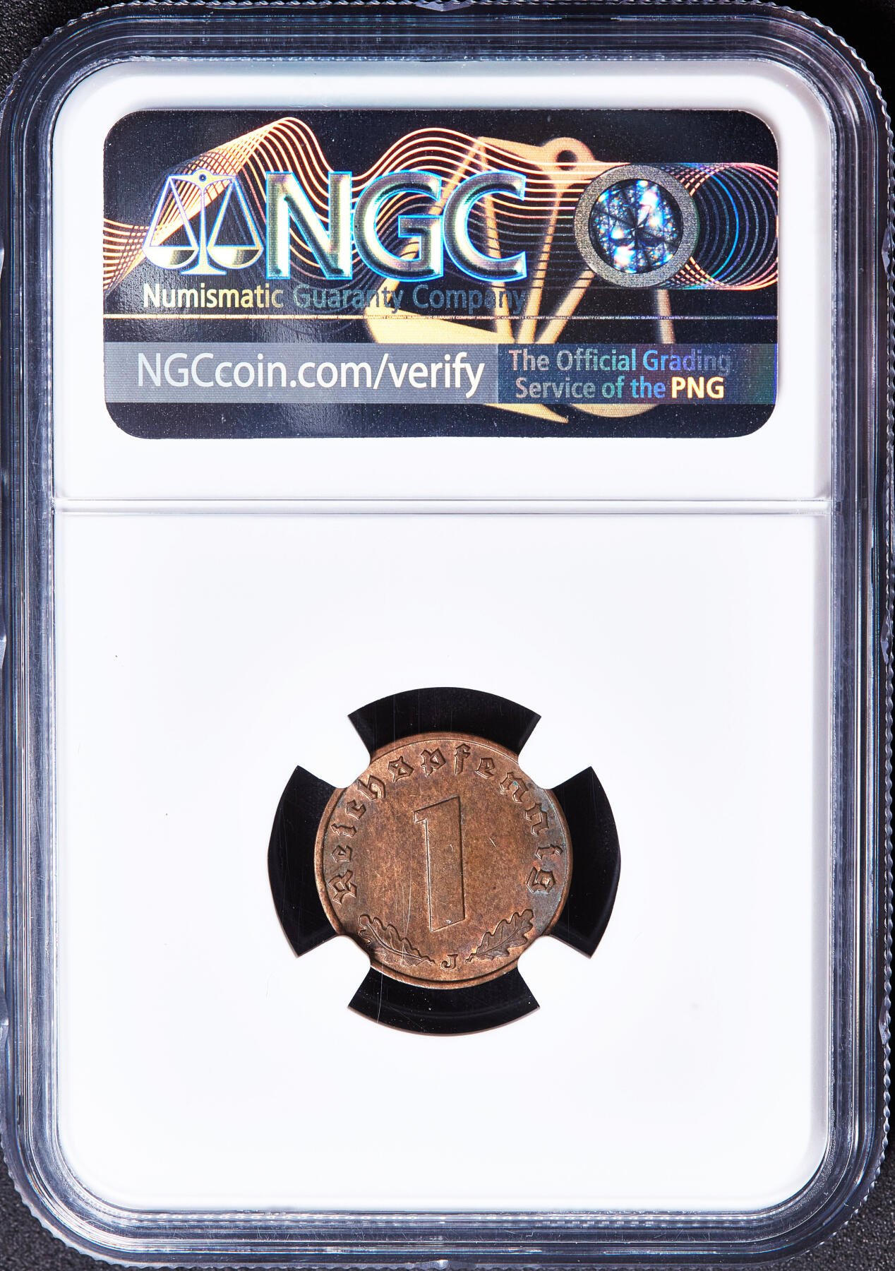 【俄甄集藏】满园春色-2026年(051)04-22星期三 晚 19:30 全场包邮 德国第三帝国1939年J版党徽1芬尼铜币，NGC MS62RB，原光品相，原图至官网查询或联系客服