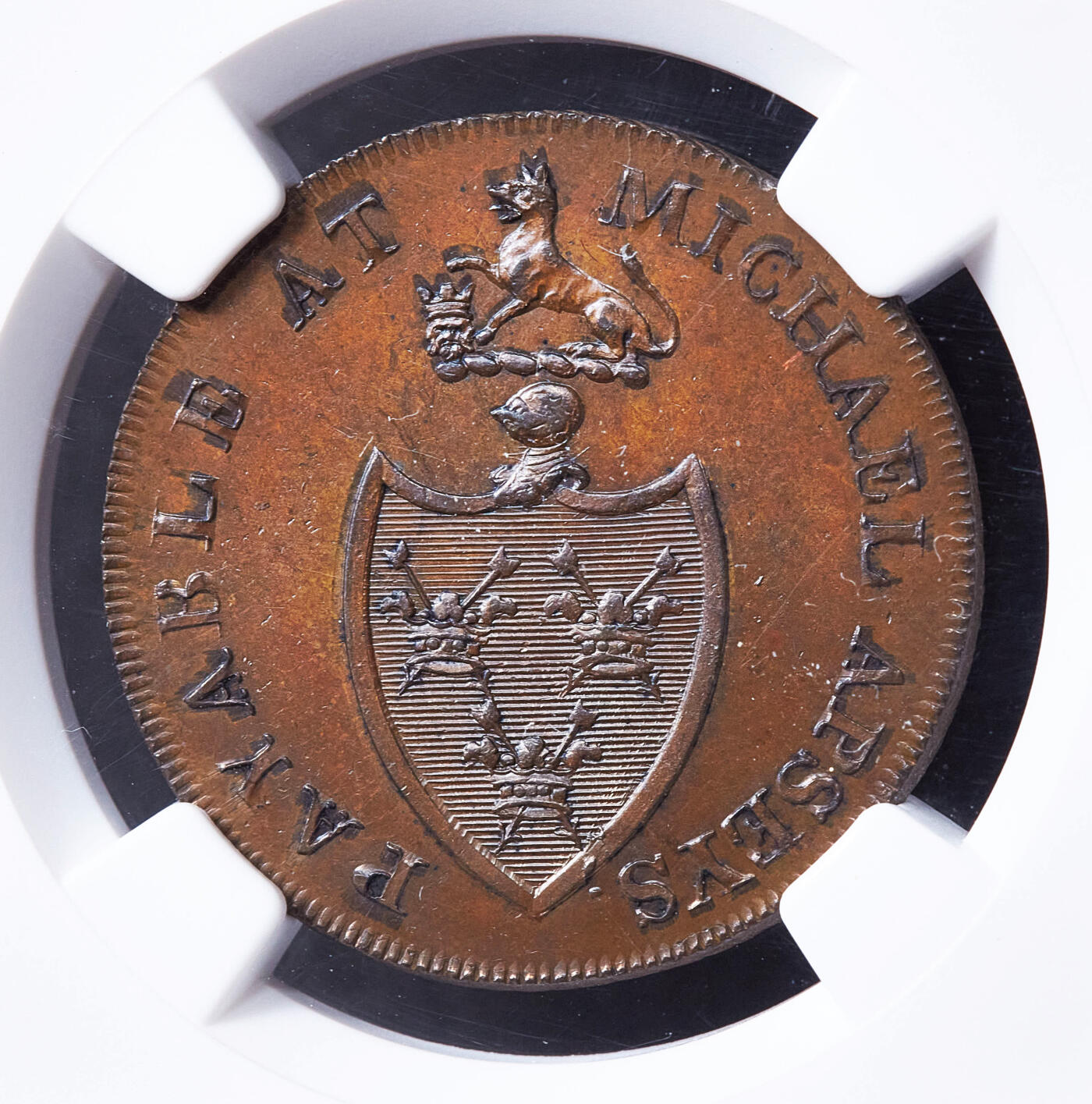 【俄甄集藏】满园春色-2026年(051)04-22星期三 晚 19:30 全场包邮 英国1790年代萨福克郡伯里圣埃德蒙兹商人麦克·阿斯佩1/2便士茶壶与巴斯炉商业代用铜币，NGC MS64，巧克力包浆，原光品相