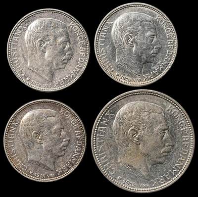 修遠堂世界钱币第111期 - 丹麦海豚1，2克朗银币一组4枚，总重37.43g，含银80%