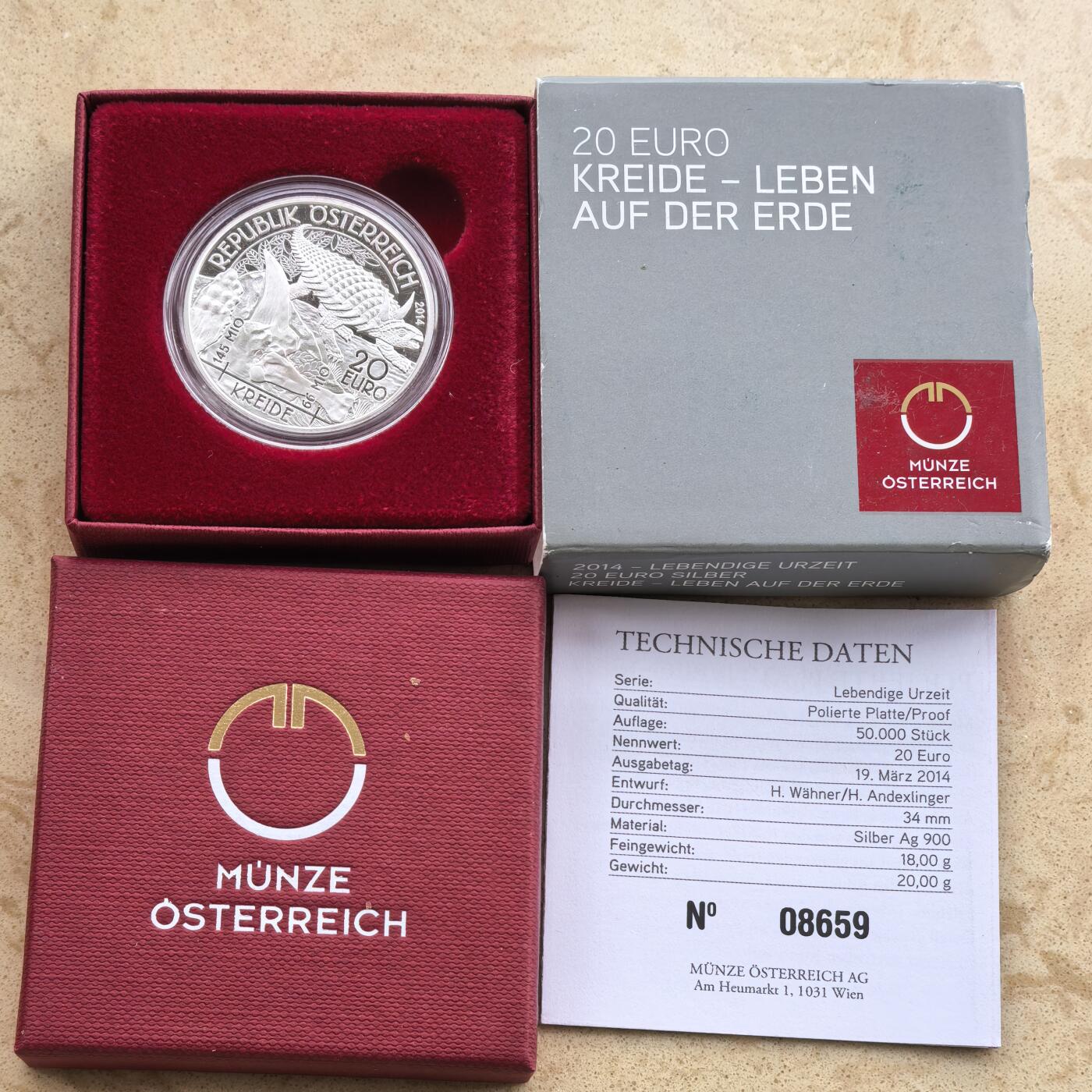 道一币馆币章第一百七十四场 原盒证 奥地利2014年史前生物系列-白垩纪时代20欧元精制银币