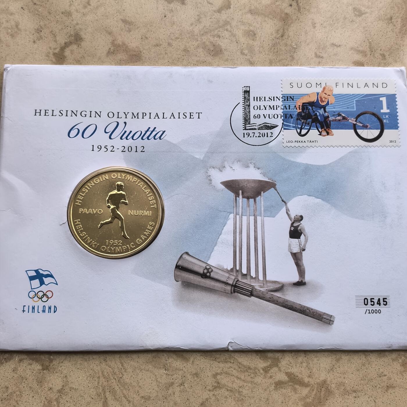 道一币馆币章第一百七十四场 邮币封 芬兰2012年赫尔辛基奥运会60周年镀金纪念章