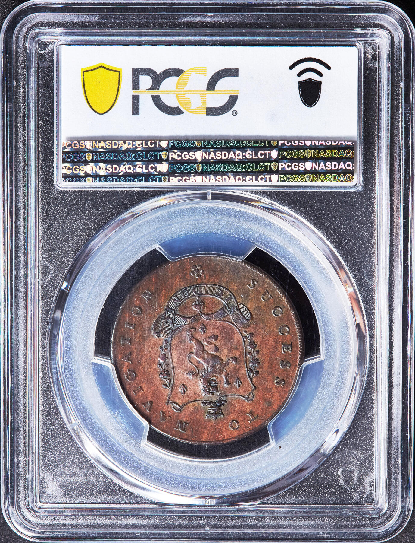 【俄甄集藏】满园春色-2026年(051)04-22星期三 晚 19:30 全场包邮 英国1793年兰开郡曼彻斯特搬运工1/2便士布里奇沃特公爵运河商业代用铜币，PCGS AU55，巧克力包浆，少见品种，币完好，划痕是外盒上