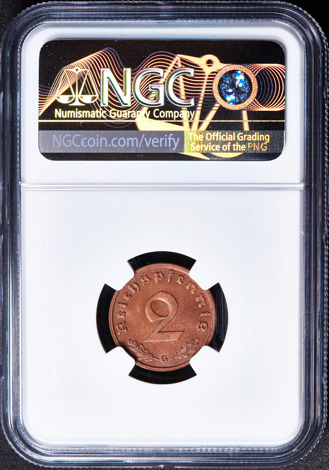 【俄甄集藏】满园春色-2026年(051)04-22星期三 晚 19:30 全场包邮 德国第三帝国1939年G版党徽2芬尼铜币，NGC MS64RB，原铜色，转光品相，原图至官网查询或联系客服