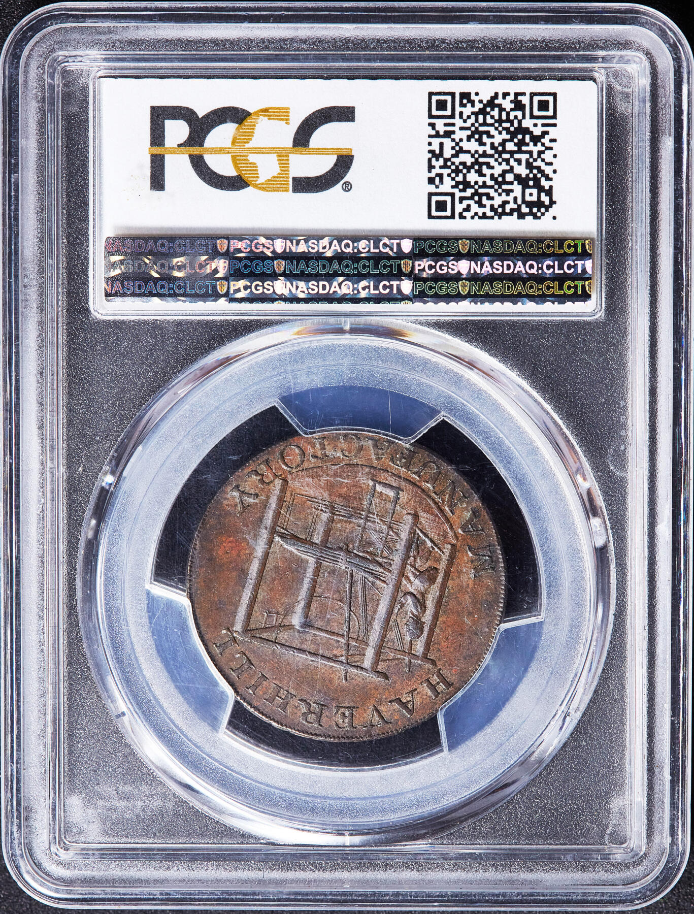 【俄甄集藏】满园春色-2026年(051)04-22星期三 晚 19:30 全场包邮 英国1794年萨福克郡哈弗希尔纺织厂1/2便士纺织工人与织布机商业代用铜币，PCGS AU58，巧克力包浆，经典品种币完好，划痕是外盒上