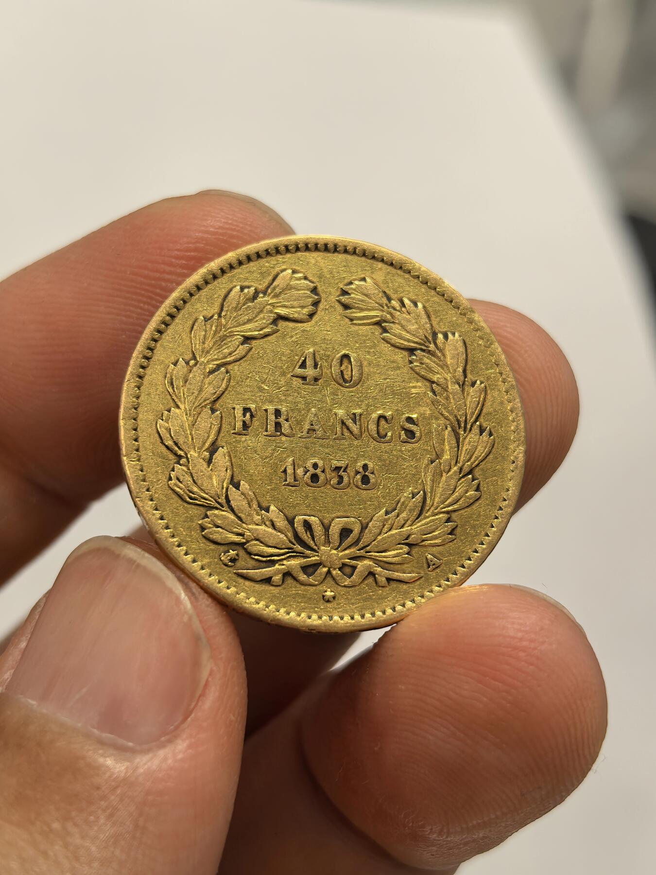 博洋堂世界钱币拍卖第168期（全场包邮） 法国1838年路易菲利普一世40法郎金币，12.8克含金90%，为当时最大面值，七月王朝金融权贵之巅，见证银行家王国兴衰，原汁原味自然包浆，品相难得！