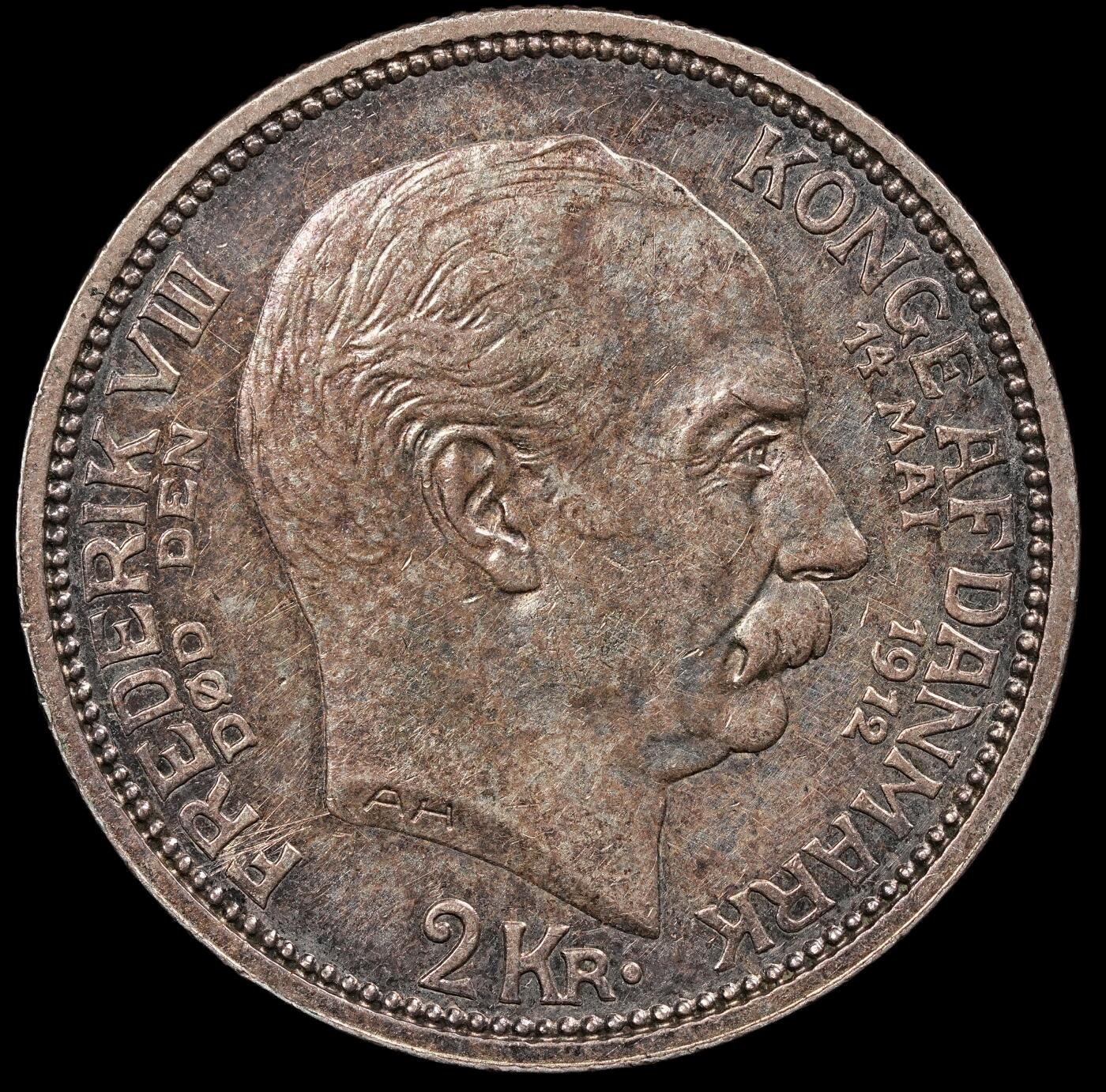 修遠堂世界钱币第111期 1912年丹麦国王更迭纪念2克朗银币 15g，含银80%