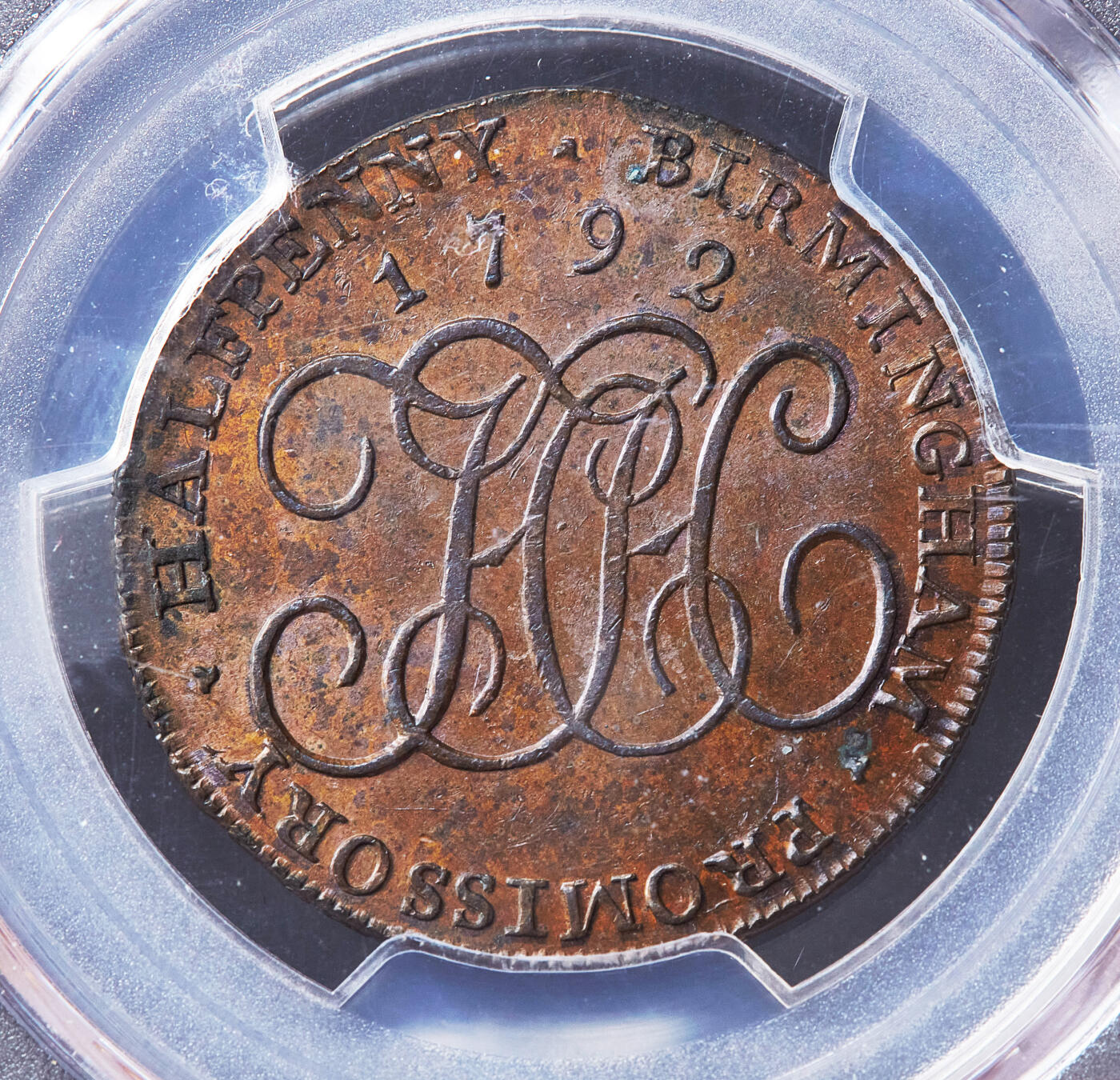 【俄甄集藏】满园春色-2026年(051)04-22星期三 晚 19:30 全场包邮 英国1792年沃里克郡伯明翰慈善家约翰·霍华德·希克曼头像1/2便士皇家学会商业代用铜币，PCGS MS63，巧克力包浆，原光品相