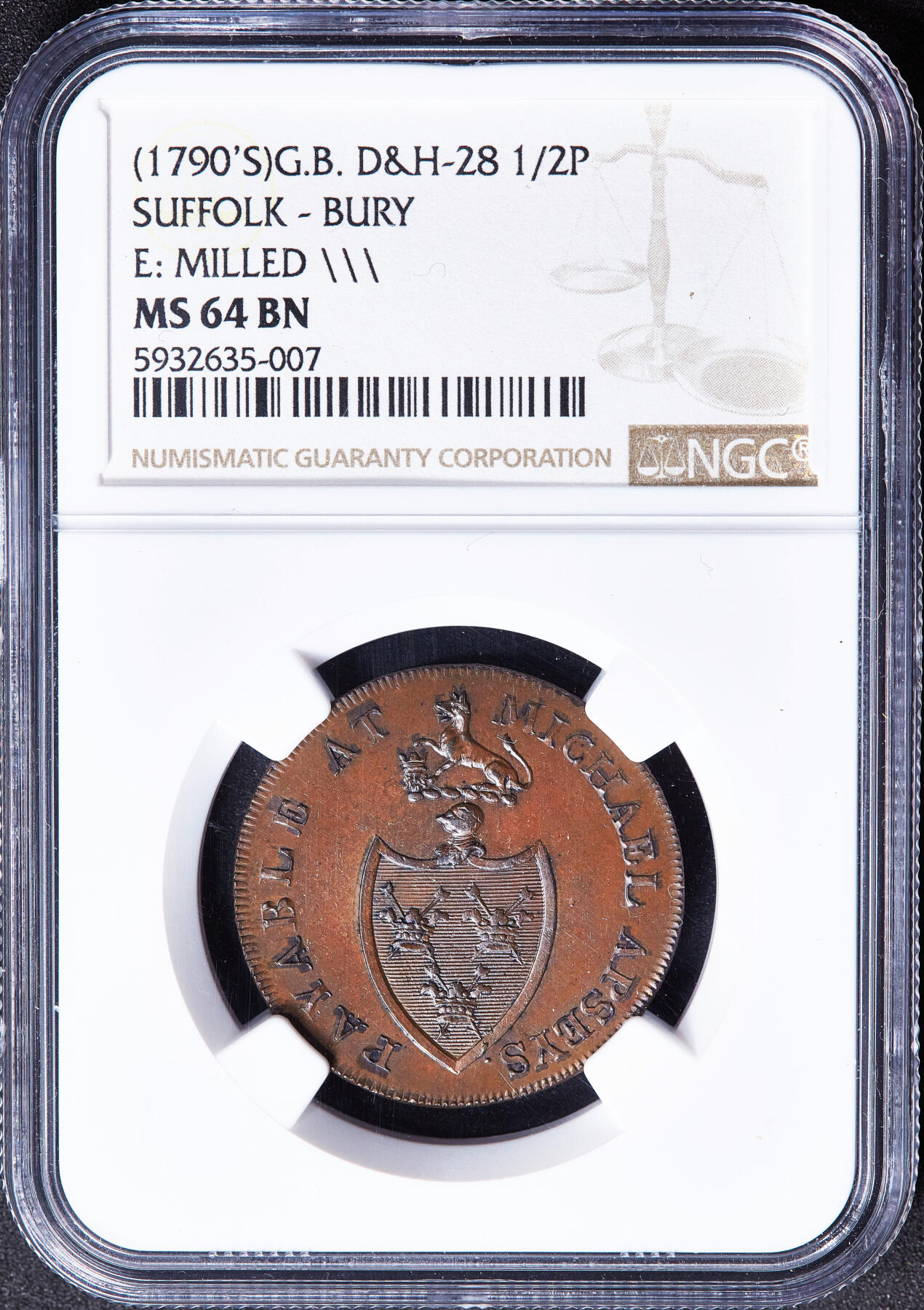 【俄甄集藏】满园春色-2026年(051)04-22星期三 晚 19:30 全场包邮 英国1790年代萨福克郡伯里圣埃德蒙兹商人麦克·阿斯佩1/2便士茶壶与巴斯炉商业代用铜币，NGC MS64，巧克力包浆，原光品相