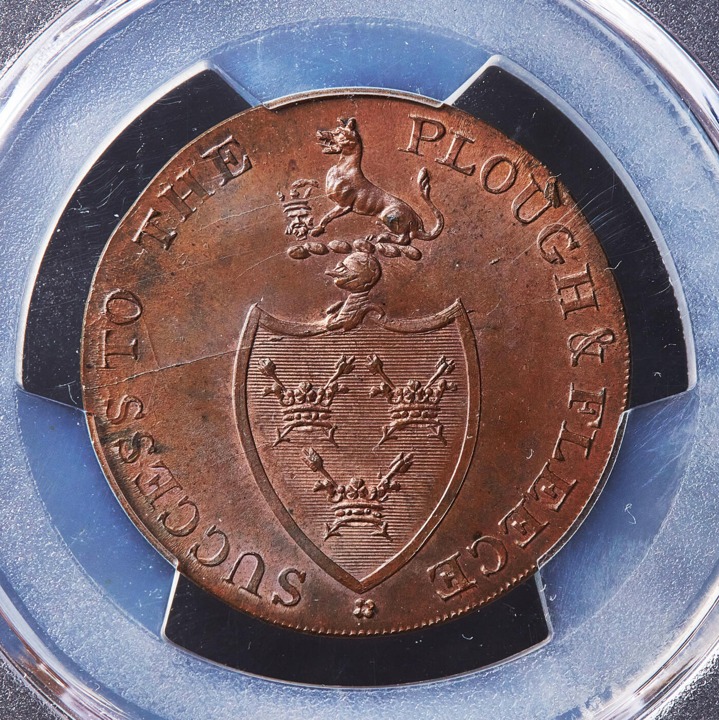 【俄甄集藏】满园春色-2026年(051)04-22星期三 晚 19:30 全场包邮 英国1790年代萨福克郡伯里圣埃德蒙兹铁器商人詹姆斯·格斯1/2便士商业代用铜币，PCGS MS64，原铜光难得，转光品相，亚军