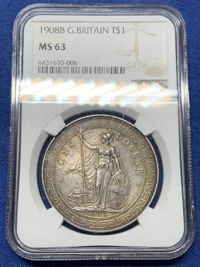 《竞宝斋》第479场 周日，周一 2场连拍 （全场包邮）20级店铺 欢迎送拍 - NGC MS63 英国1908年站洋银元 原味酱彩老包浆 味道状态很不错 百年老五彩醇厚包浆