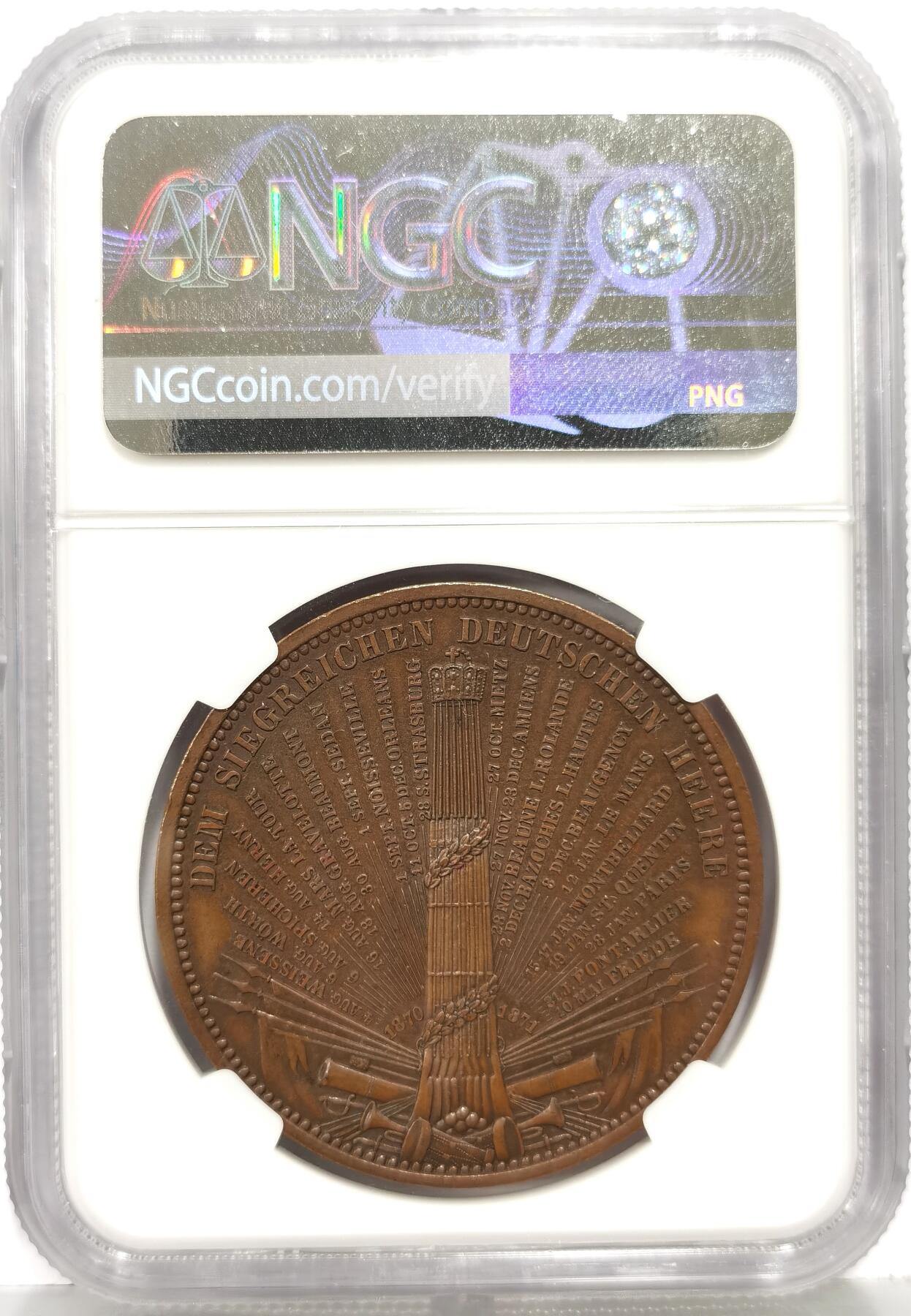 博洋堂世界钱币拍卖第168期（全场包邮） NGC MS63BN 德国1871年普法战争胜利及德意志帝国建立纪念大铜章（40mm）官方发行用以纪念普法战争胜利以及威廉一世在凡尔赛宫加冕为德意志皇帝这一里程碑事件，铜章人物刻画栩栩如生，铜光熠熠。铜章正面是德意志皇帝威廉一世身着带有勋章的军装七分脸半身像，两侧铭文为“德意志皇帝