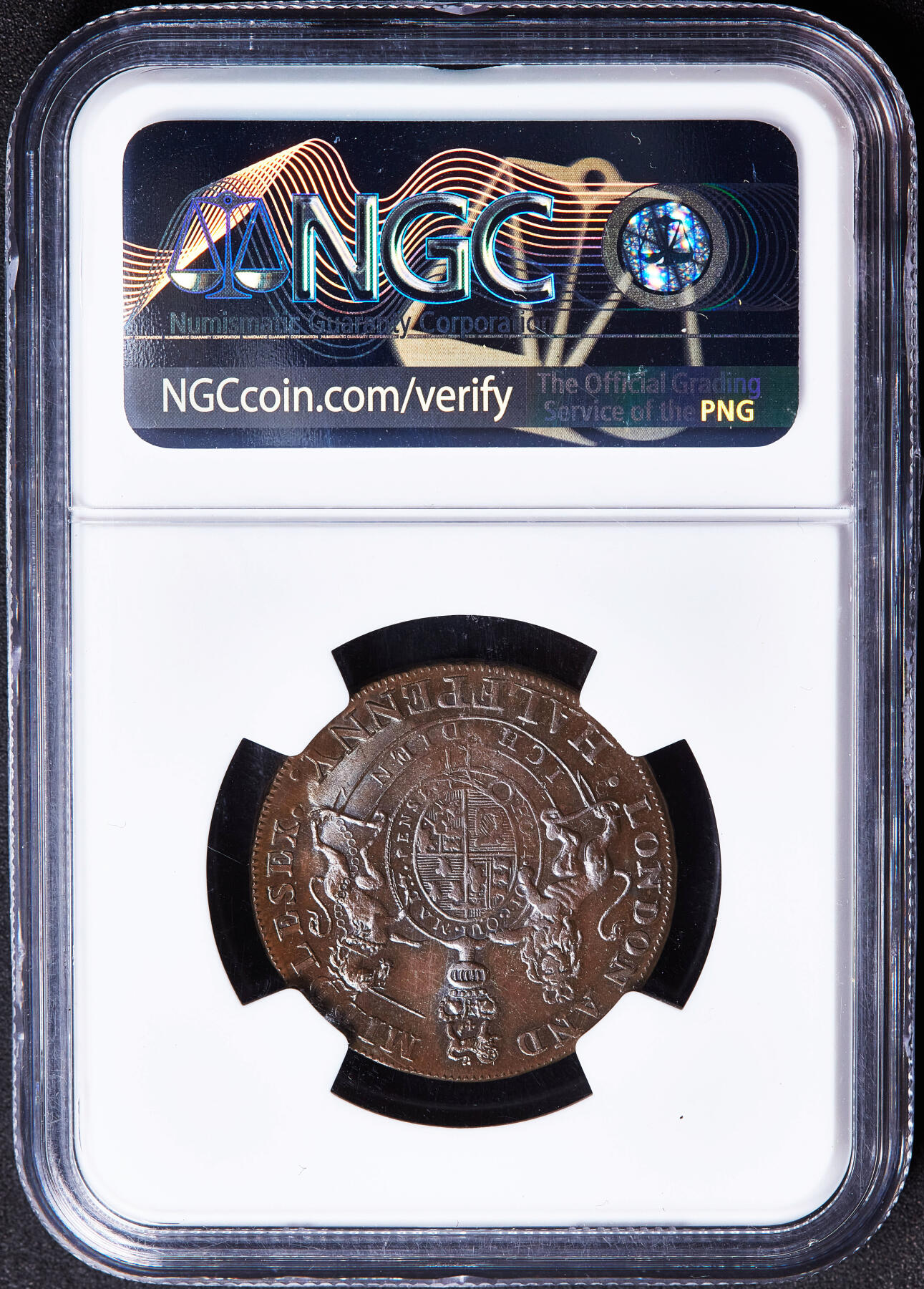 【俄甄集藏】满园春色-2026年(051)04-22星期三 晚 19:30 全场包邮 英国1790年代米德尔塞克思郡威尔士亲王乔治（后来的国王乔治四世）头像1/2便士国家系列皇室纹章版商业代用铜币，NGC MS64，巧克力五彩包浆，原光品相，亚军