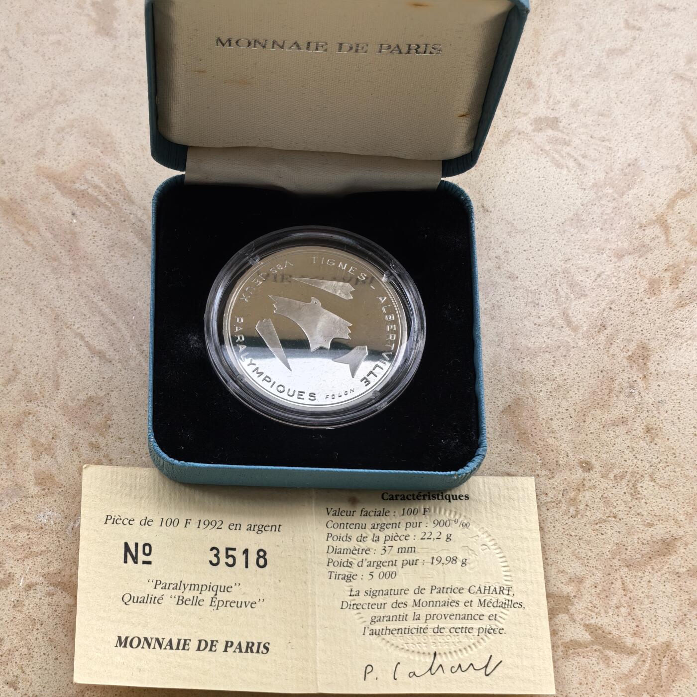 道一币馆币章第一百七十四场 原盒证 法国1992年巴塞罗那残奥会100法郎精制银币