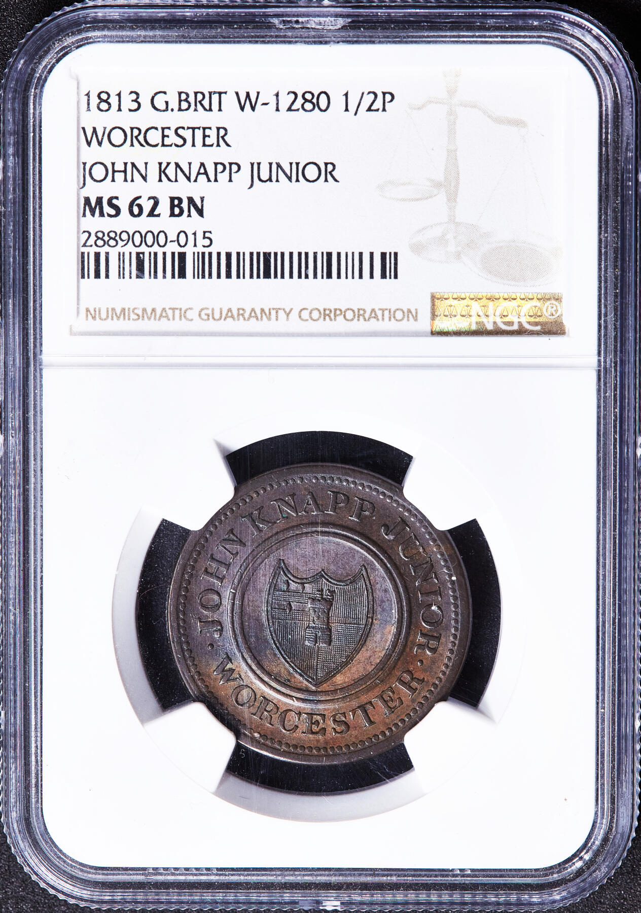 【俄甄集藏】满园春色-2026年(051)04-22星期三 晚 19:30 全场包邮 英国1813年伍斯特郡实业家小约翰·克纳普1/2便士城市纹章与商业宣言商业代用铜币，NGC MS62，巧克力包浆，原光品相，稀少品种，亚军