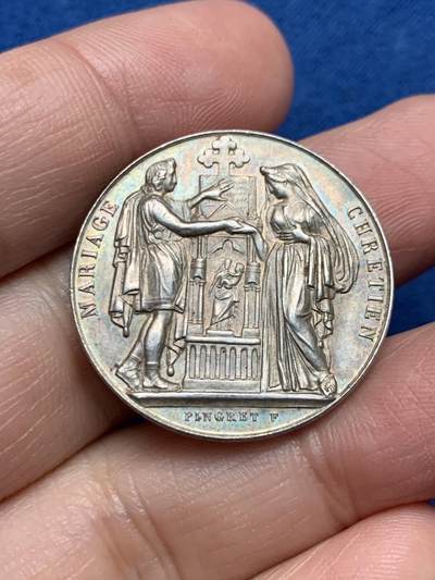 《竞宝斋》第479场 周日，周一 2场连拍 （全场包邮）20级店铺 欢迎送拍 - 1898年法国婚礼银章 11.5克 28.9mm 丰饶角银标