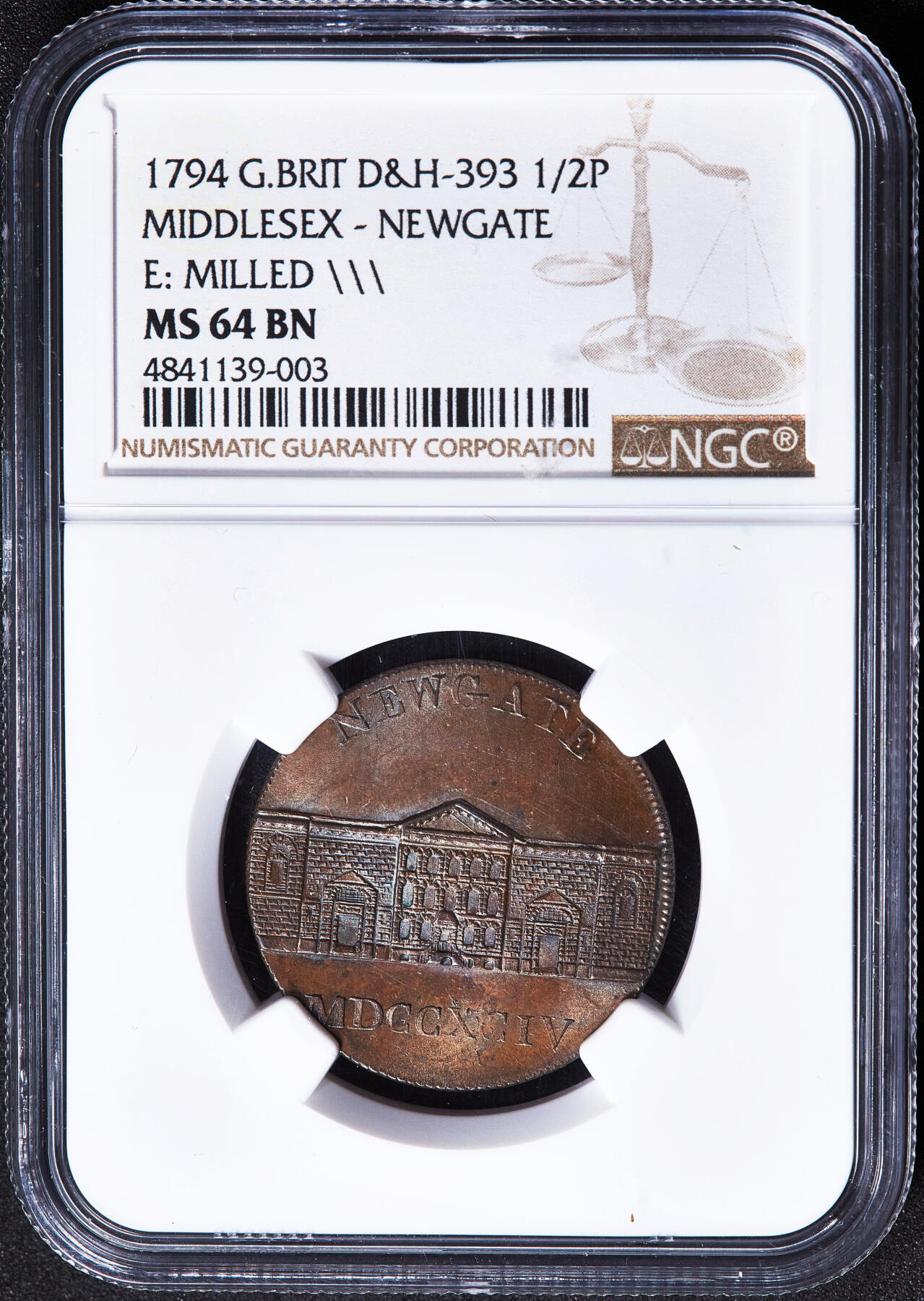 【俄甄集藏】满园春色-2026年(051)04-22星期三 晚 19:30 全场包邮 英国1794年米德尔塞克思郡伦敦纽盖特监狱（1902年拆除）1/2便士商业代用铜币，NGC MS64，巧克力包浆，转光品相，设计精美