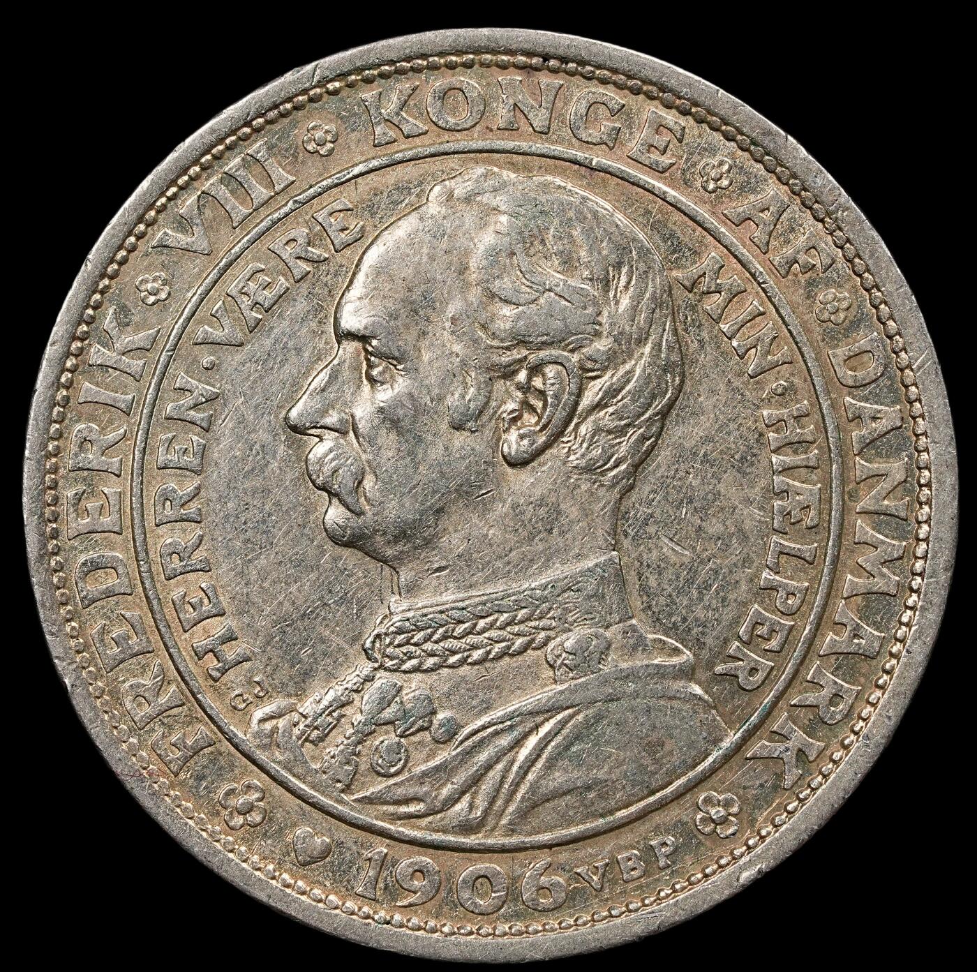 修遠堂世界钱币第111期 1906年丹麦国王更迭纪念2克朗银币 15g，含银80%