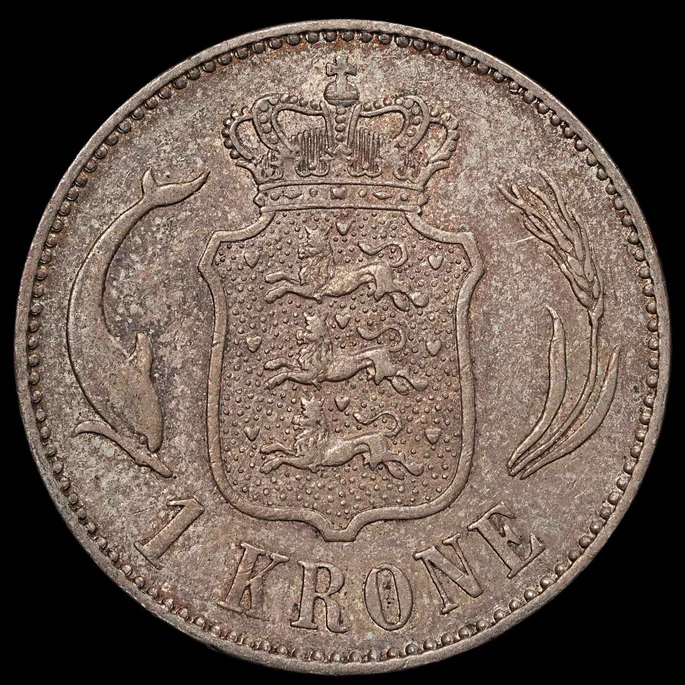 修遠堂世界钱币第111期 1892年丹麦海豚1克朗银币 ，7.44g，含银80%