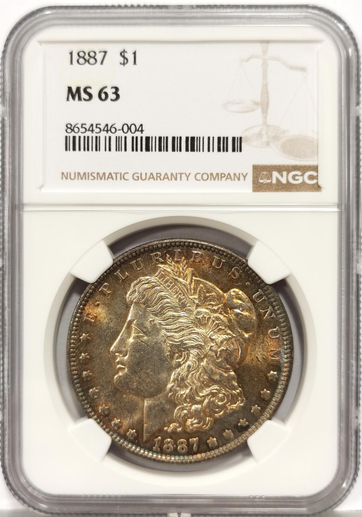 博洋堂世界钱币拍卖第168期（全场包邮） NGC MS63 美国1887年摩根银币P版，原汁原味老包浆，包浆醇厚浓郁，味道绝，双面五彩包浆，味道币味道足，状态佳。