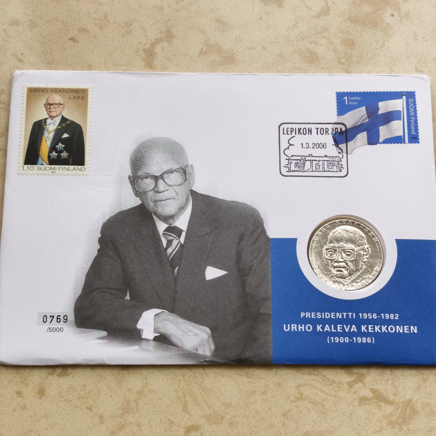 道一币馆币章第一百七十四场 邮币封 芬兰1981年总统凯科宁80岁生日50马克纪念银币