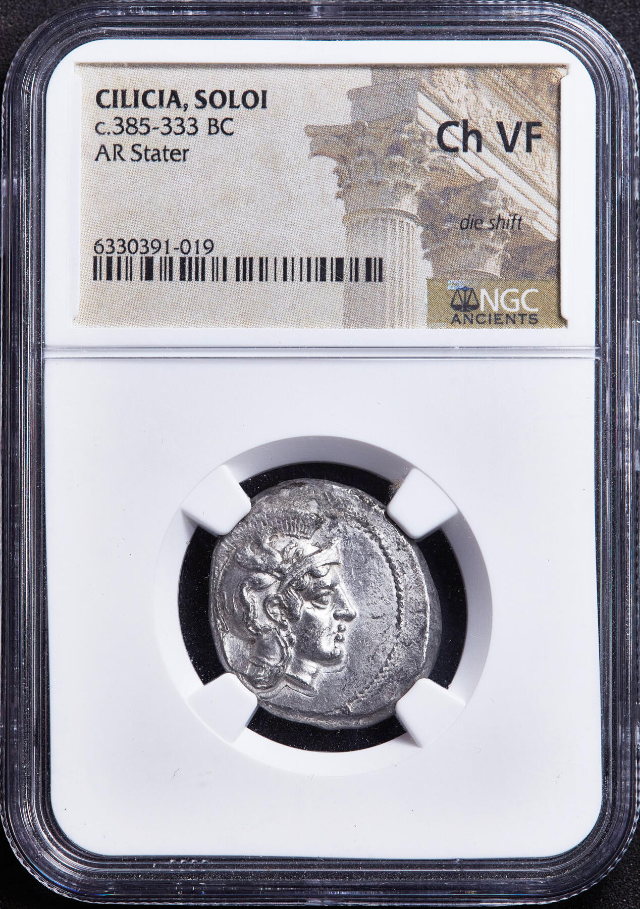 【俄甄集藏】满园春色-2026年(051)04-22星期三 晚 19:30 全场包邮 古希腊币西里西亚索洛伊城公元前385-333年雅典娜1斯塔特葡萄银币，NGC ChVF，正面头戴阿提卡式头盔的雅典娜，背面一串葡萄与铭文，葡萄图案是索洛伊的城邦徽记，与酒神狄奥尼索斯信仰相关，直径：23mm，原光品相