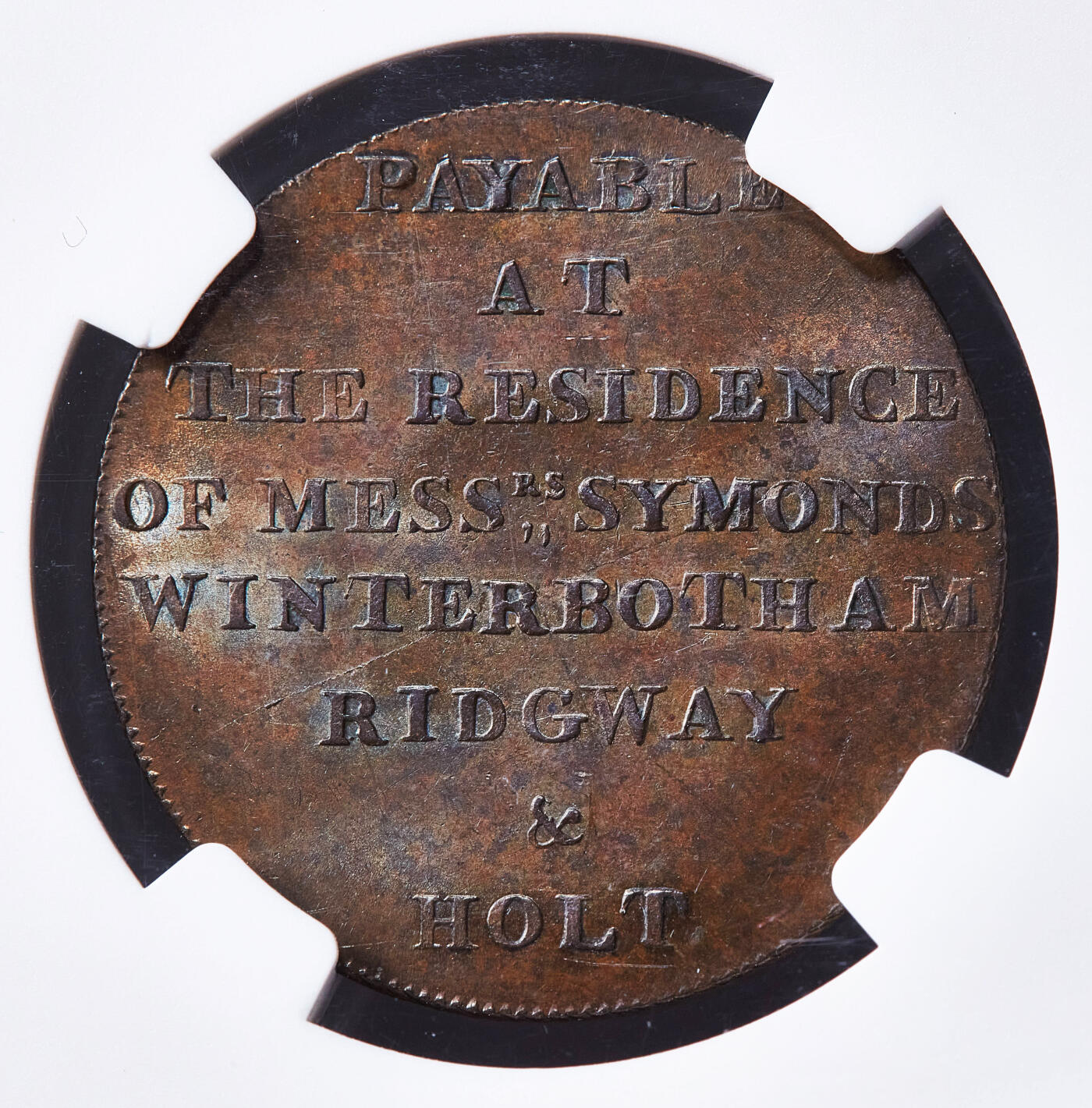 【俄甄集藏】满园春色-2026年(051)04-22星期三 晚 19:30 全场包邮 英国1794年米德尔塞克思郡伦敦纽盖特监狱（1902年拆除）1/2便士商业代用铜币，NGC MS64，巧克力包浆，转光品相，设计精美