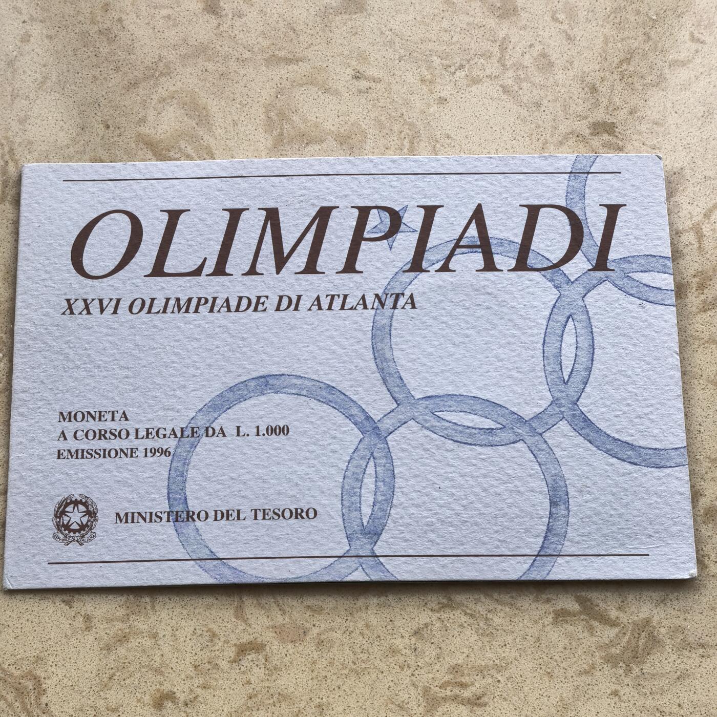 道一币馆币章第一百七十四场 原包装 意大利1996年亚特兰大奥运会1000里拉纪念银币