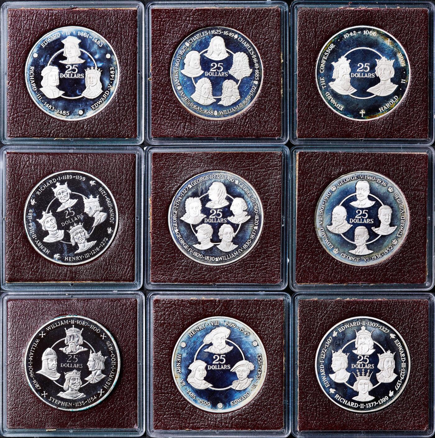 【俄甄集藏】满园春色-2026年(051)04-22星期三 晚 19:30 全场包邮 英属开曼群岛1980年英国历史君主系列精制大银币9枚套，单枚重35.64克，500银，发行量12000枚，含纯银160.38克