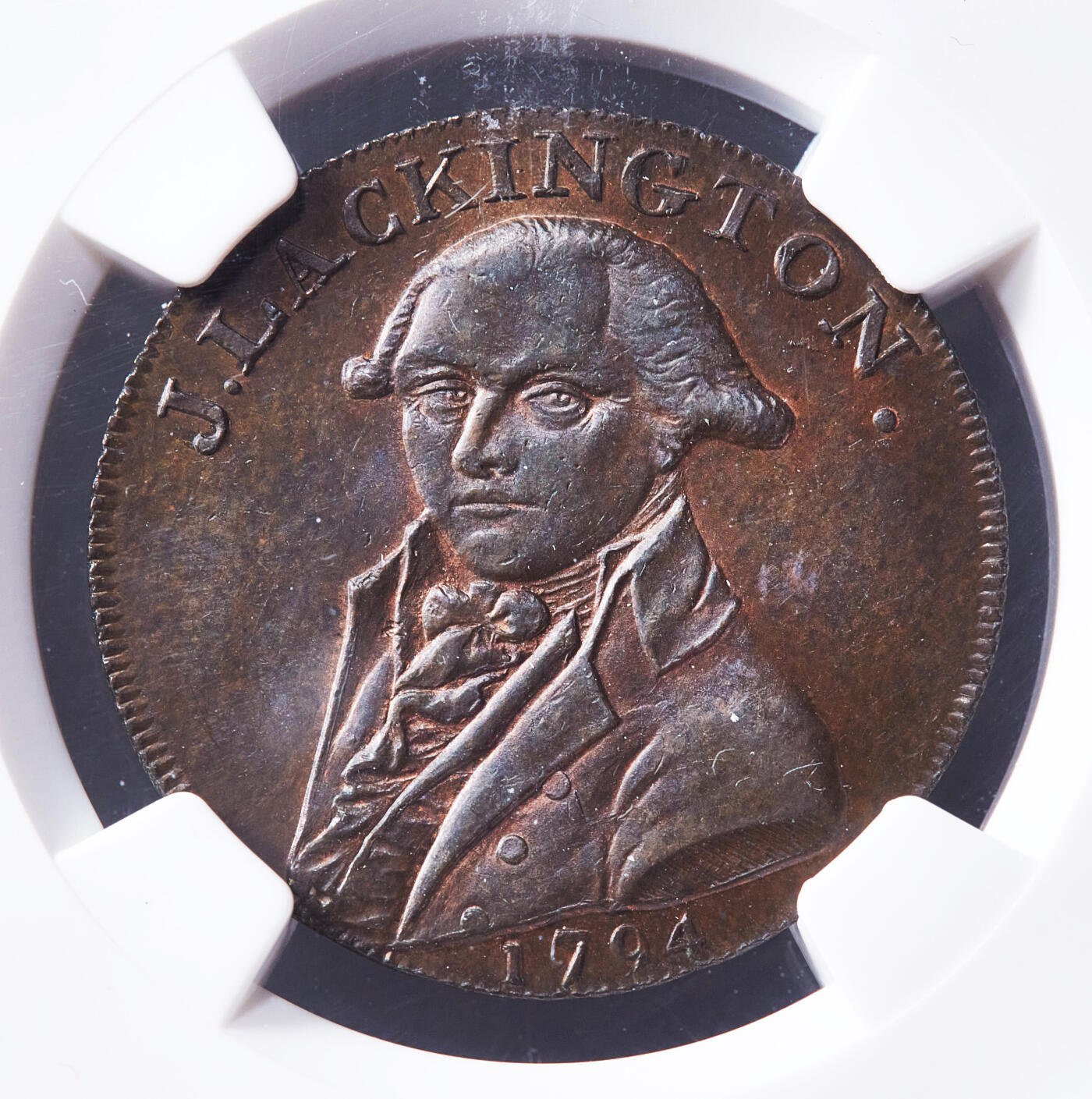 【俄甄集藏】满园春色-2026年(051)04-22星期三 晚 19:30 全场包邮 英国1794年米德尔塞克思郡传奇书商詹姆斯·拉金盾头像1/2便士名誉女神墨菲商业代用铜币，NGC MS63，巧克力包浆，原光品相，稀少品种