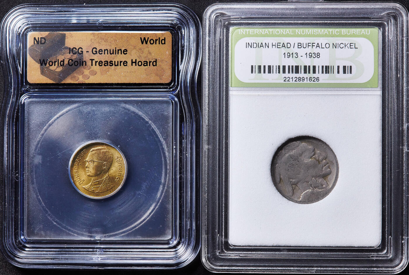 【俄甄集藏】满园春色-2026年(051)04-22星期三 晚 19:30 全场包邮 美国1913-1938年印第安人-水牛5分镍币、泰国2003年50萨当铜币两枚一组，INB/ICG Genuine