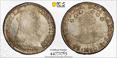 博洋堂“生趣盎然”4月精品专场暨第169期（全场包邮） PCGS MS63 玻利维亚1830年4S银币，名家旧藏，半圆少见高分，PC亚军分数，今年2月HA刚成交一枚P盒62分3000+，去年64分成交840美金
