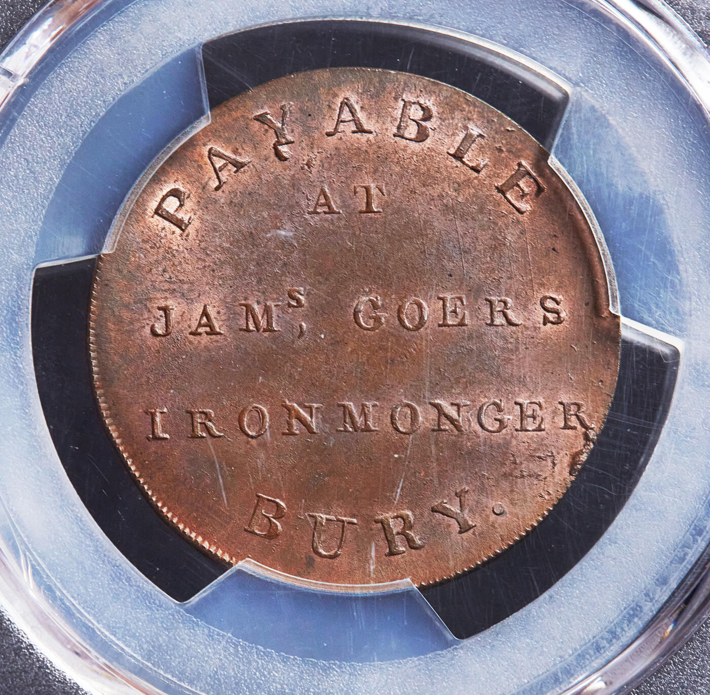 【俄甄集藏】满园春色-2026年(051)04-22星期三 晚 19:30 全场包邮 英国1790年代萨福克郡伯里圣埃德蒙兹铁器商人詹姆斯·格斯1/2便士商业代用铜币，PCGS MS64，原铜光难得，转光品相，亚军