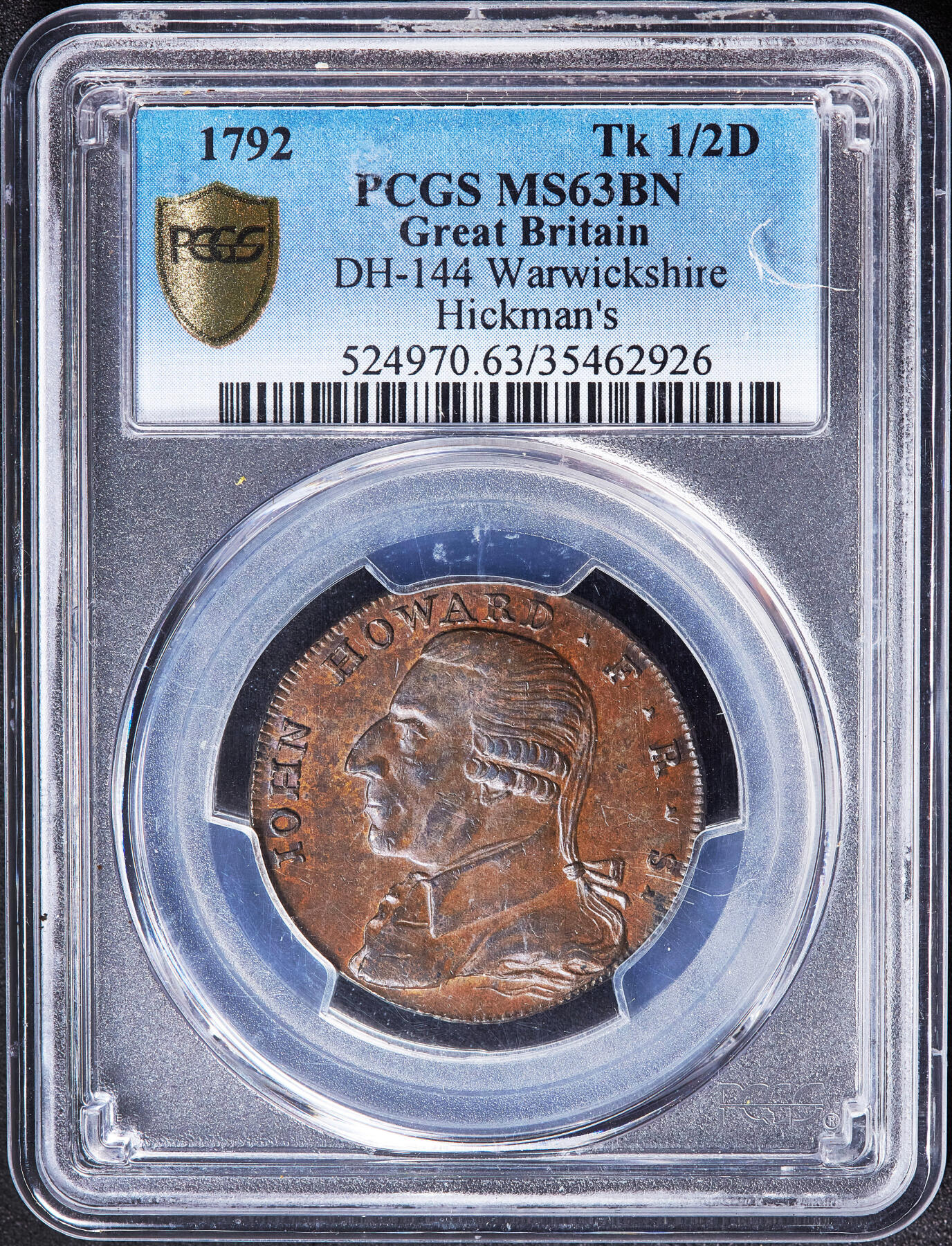 【俄甄集藏】满园春色-2026年(051)04-22星期三 晚 19:30 全场包邮 英国1792年沃里克郡伯明翰慈善家约翰·霍华德·希克曼头像1/2便士皇家学会商业代用铜币，PCGS MS63，巧克力包浆，原光品相