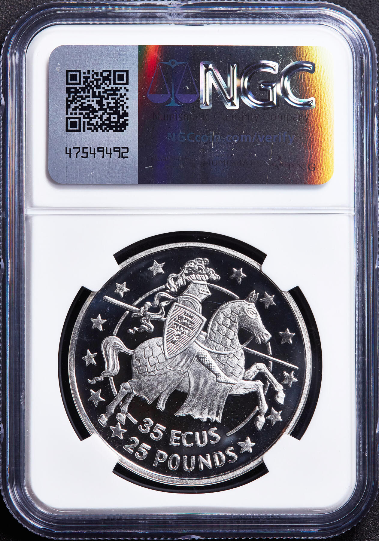 【俄甄集藏】满园春色-2026年(051)04-22星期三 晚 19:30 全场包邮 英属直布罗陀1992年纪念欧洲经济货币联盟成立35埃居/25镑盔甲圣骑士精制大银币，NGC PF69UC，重28.28克，925银，发行量15000枚，冠军分