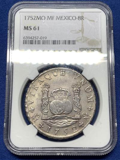 《竞宝斋》第479场 周日，周一 2场连拍 （全场包邮）20级店铺 欢迎送拍 - NGC MS61 西属墨西哥1752年地球双柱8R银币 非常见年份