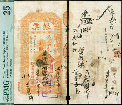 德泉缘2026年三亚春季拍卖会 - 光绪二十九年北京横滨正金银行库平足银贰拾两一枚 PMG 25 分 2234221-020 编号 0824