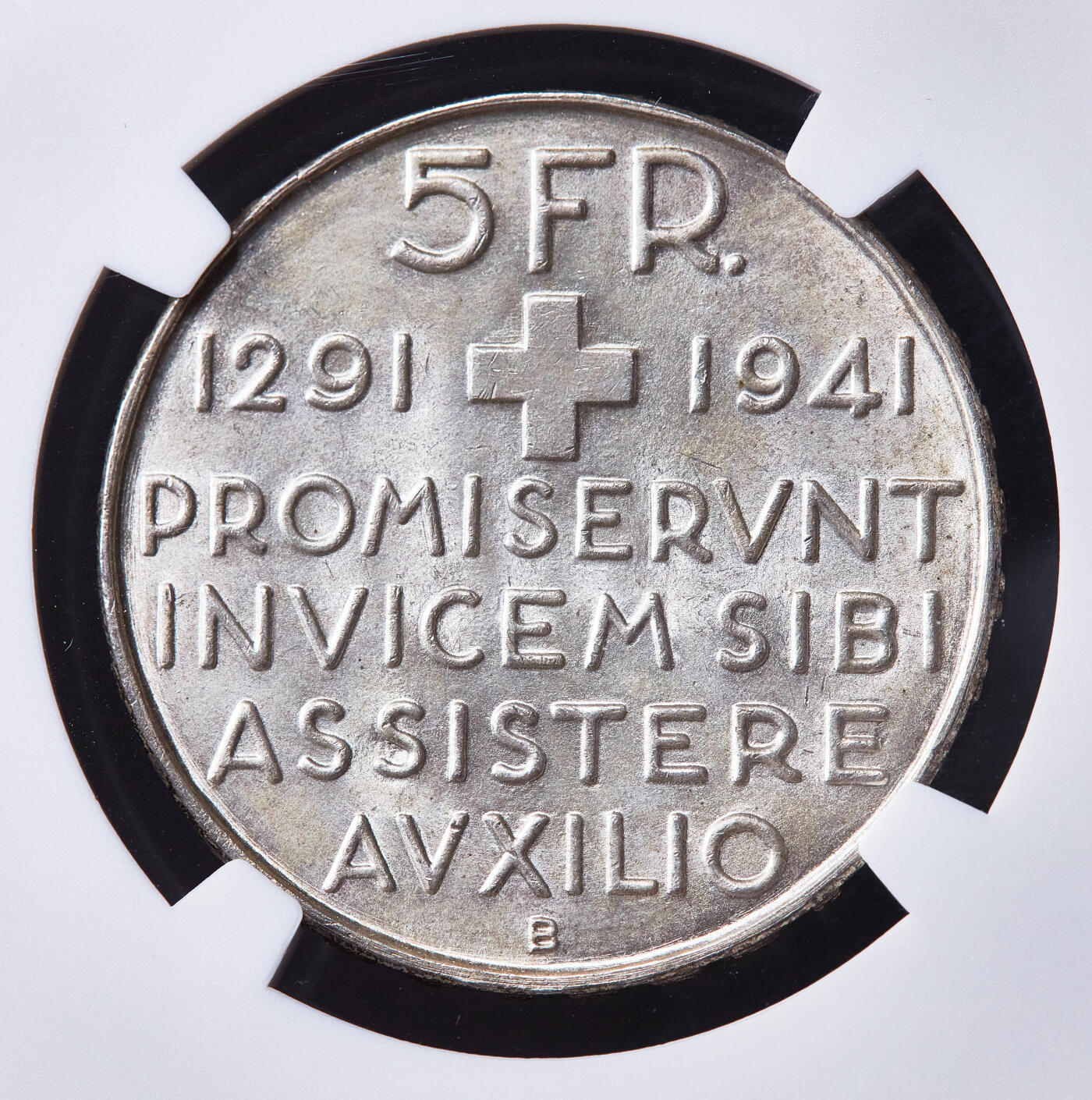 【俄甄集藏】满园春色-2026年(051)04-22星期三 晚 19:30 全场包邮 瑞士1941年B版纪念联邦成立650周年5法郎银币，NGC MS65，黄油彩转光品相，重15克，835银，发行量100150枚